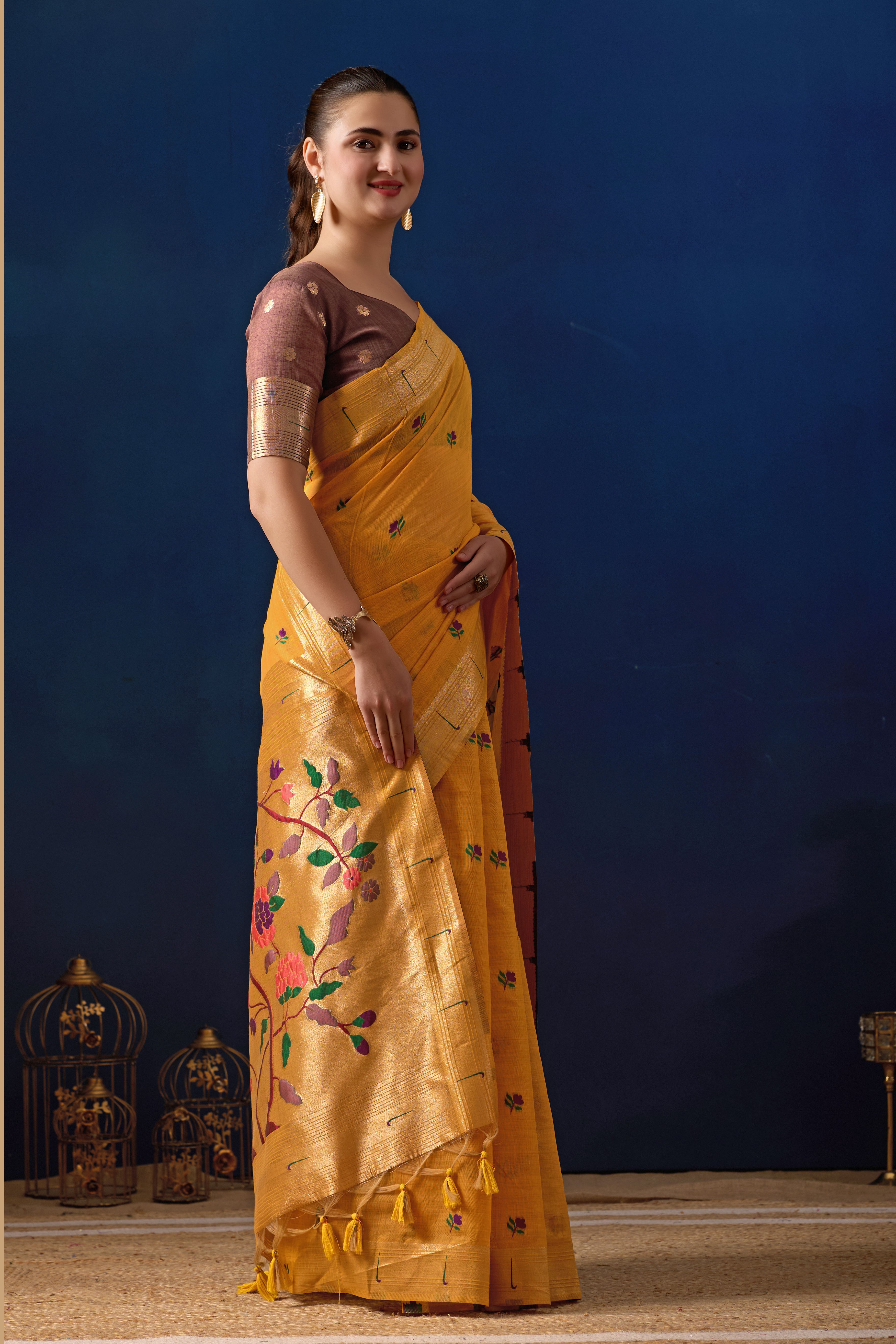 Classic Tree Pallu Paithani Silk Saree in Yellow with Maroon Contrast