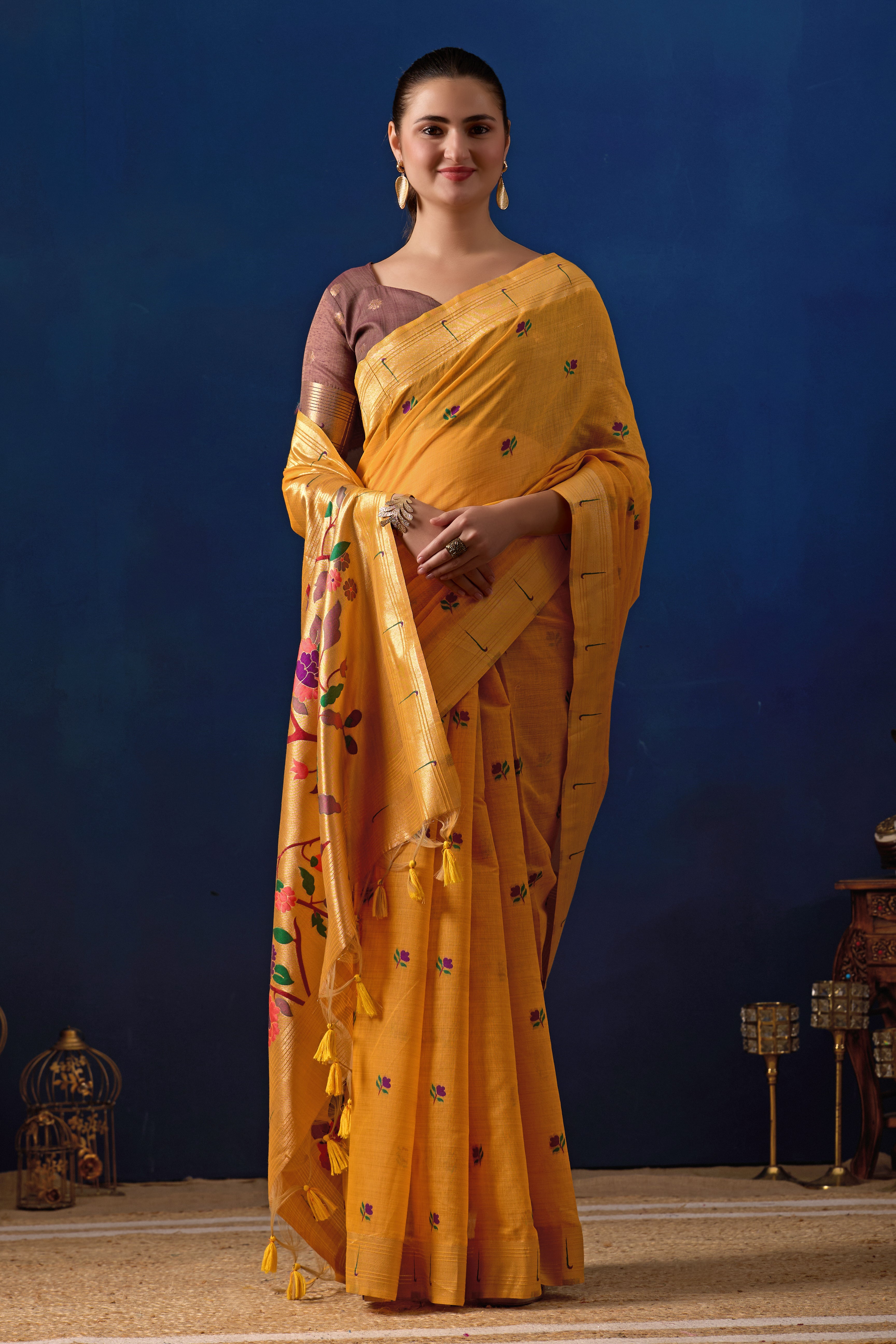 Classic Tree Pallu Paithani Silk Saree in Yellow with Maroon Contrast