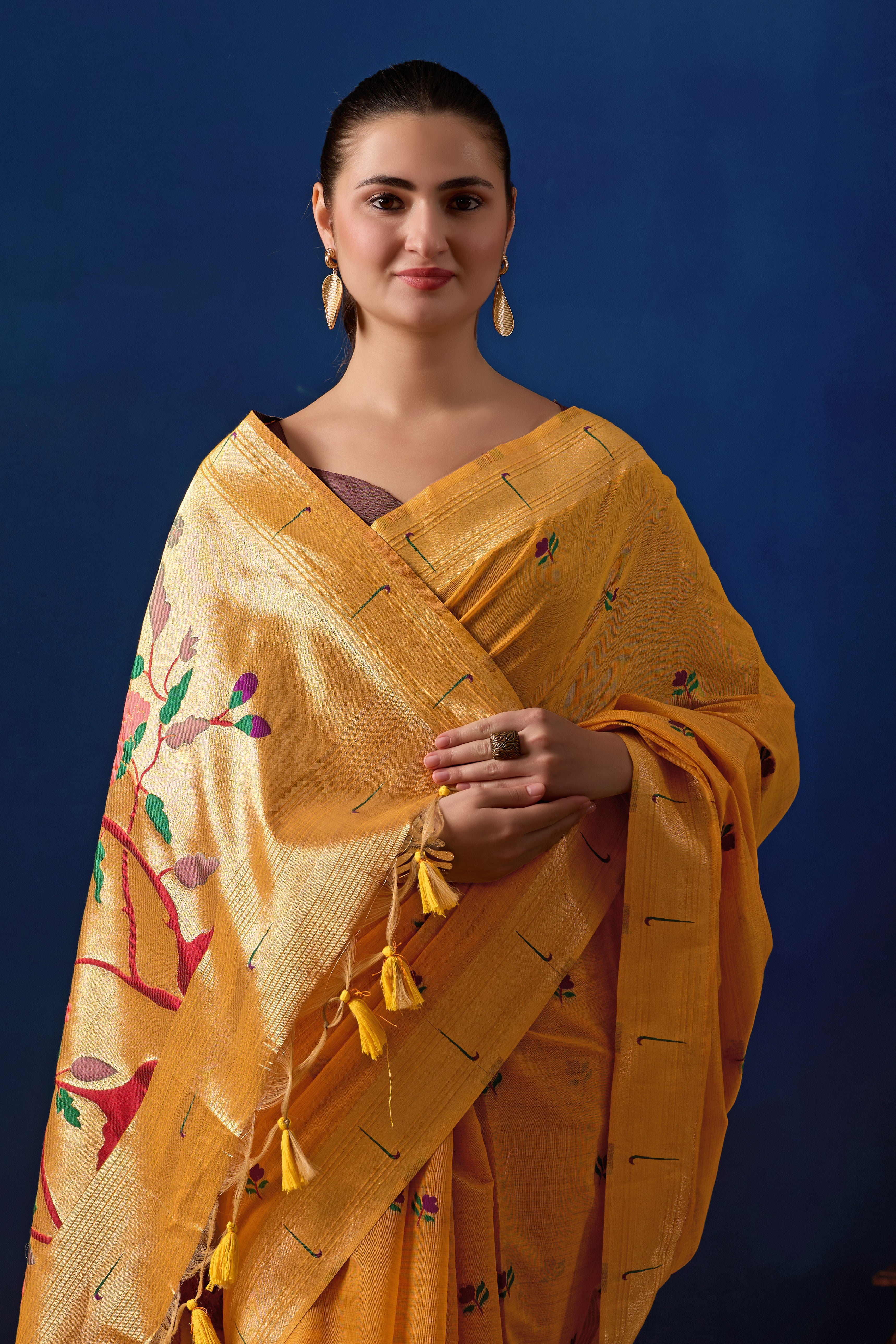 Classic Tree Pallu Paithani Silk Saree in Yellow with Maroon Contrast