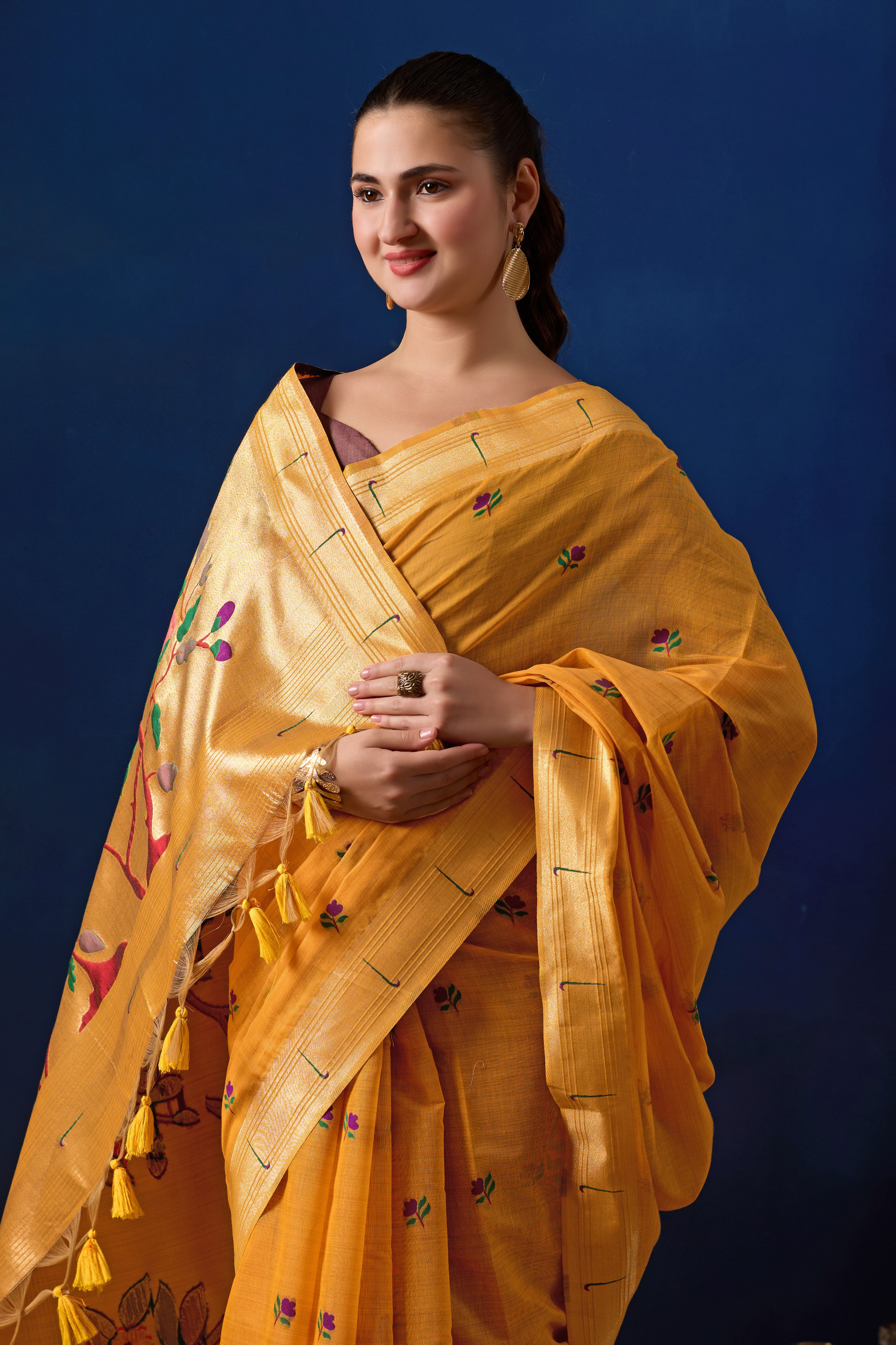 Classic Tree Pallu Paithani Silk Saree in Yellow with Maroon Contrast