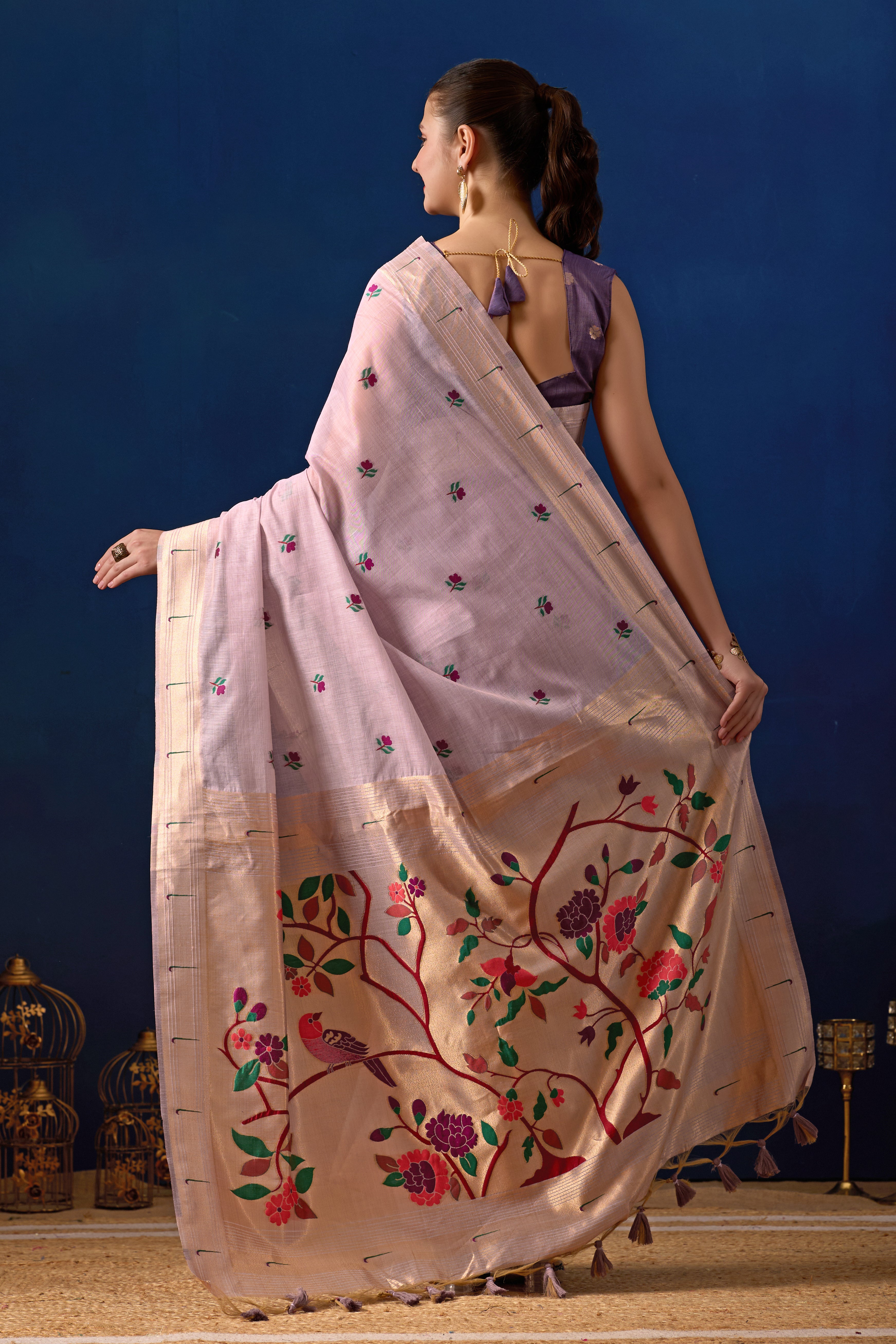 Classic Tree Pallu Paithani Silk Saree in Lavender with Majanta Contrast