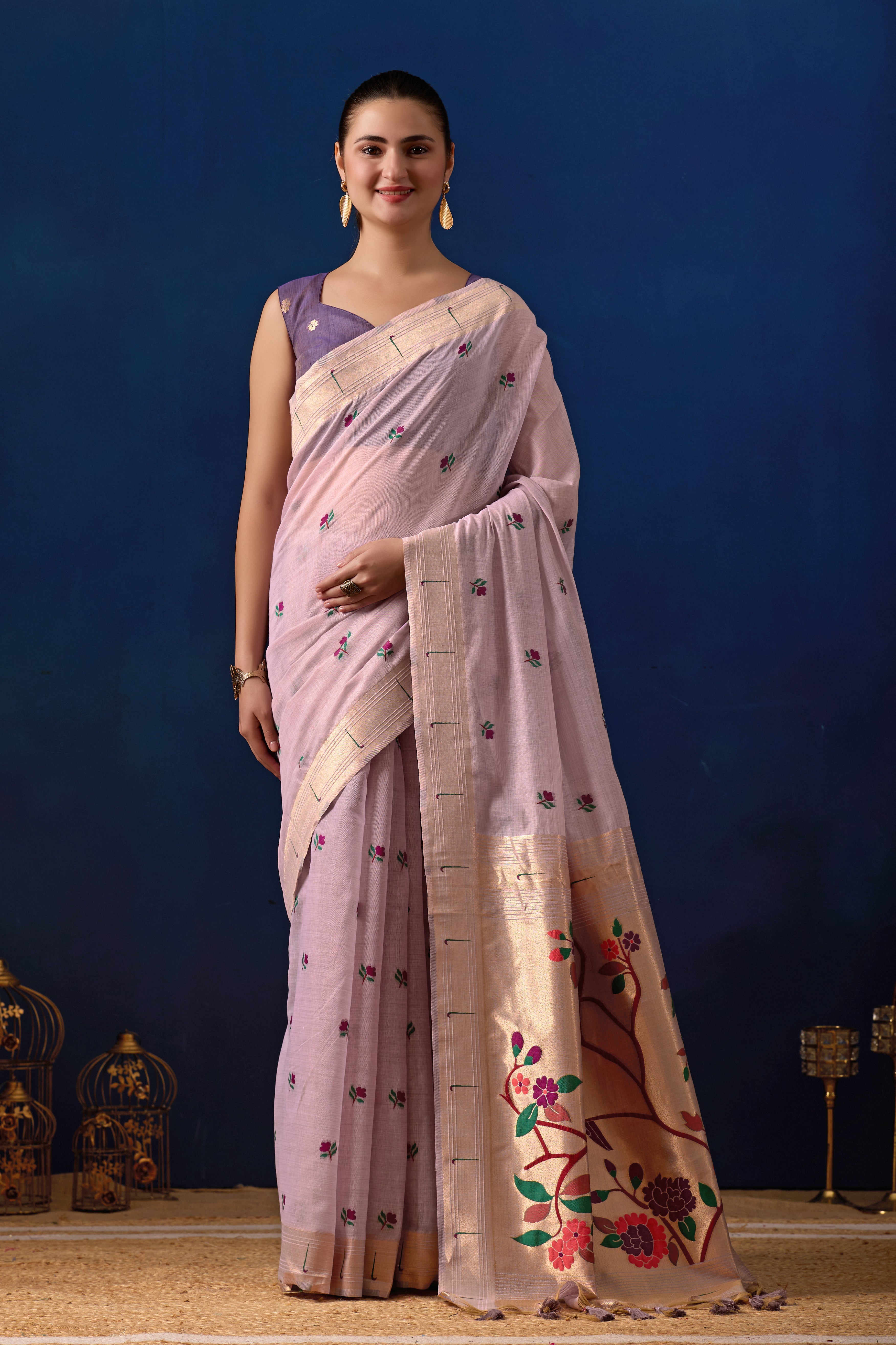 Classic Tree Pallu Paithani Silk Saree in Lavender with Majanta Contrast