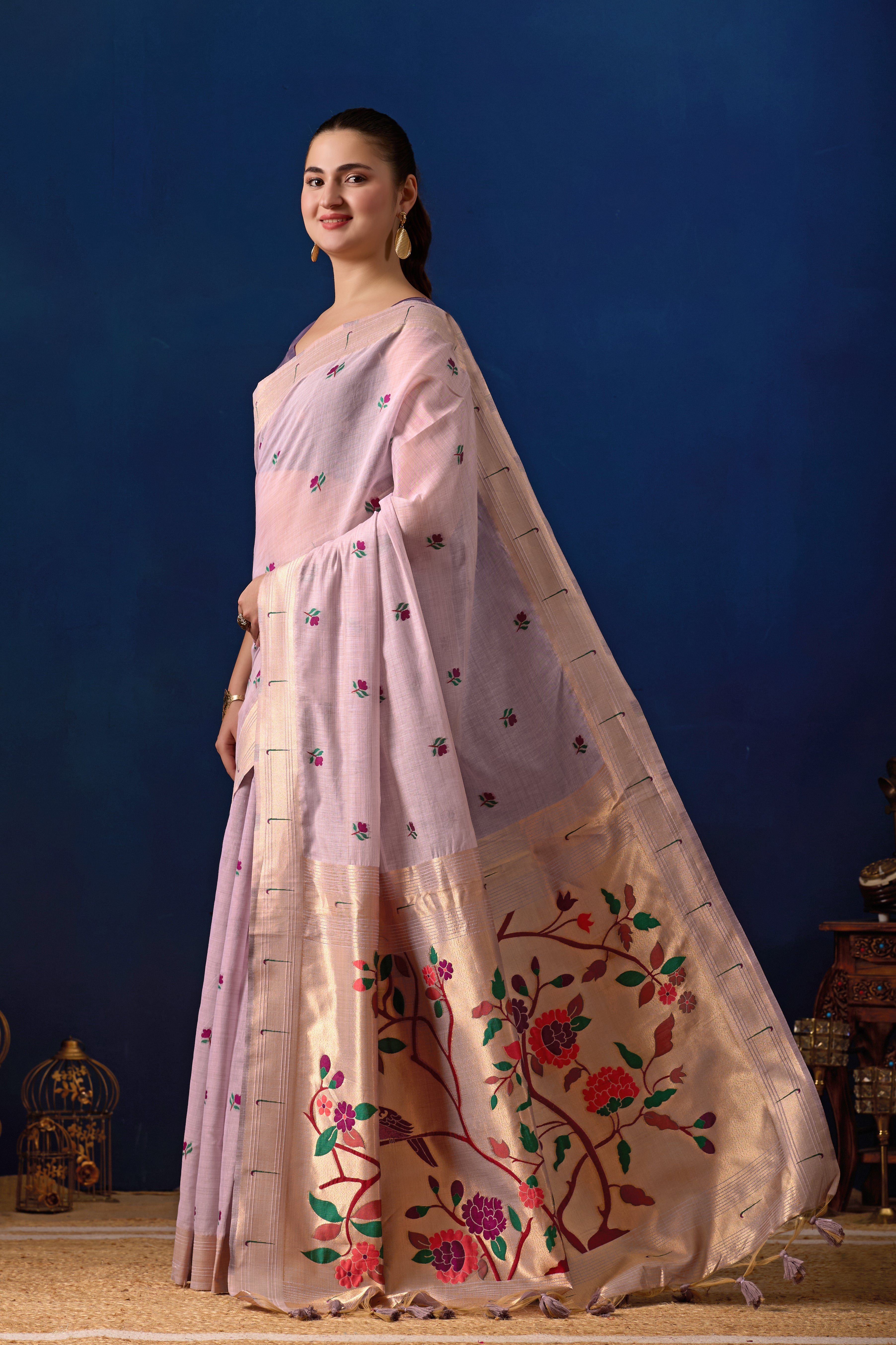 Classic Tree Pallu Paithani Silk Saree in Lavender with Majanta Contrast