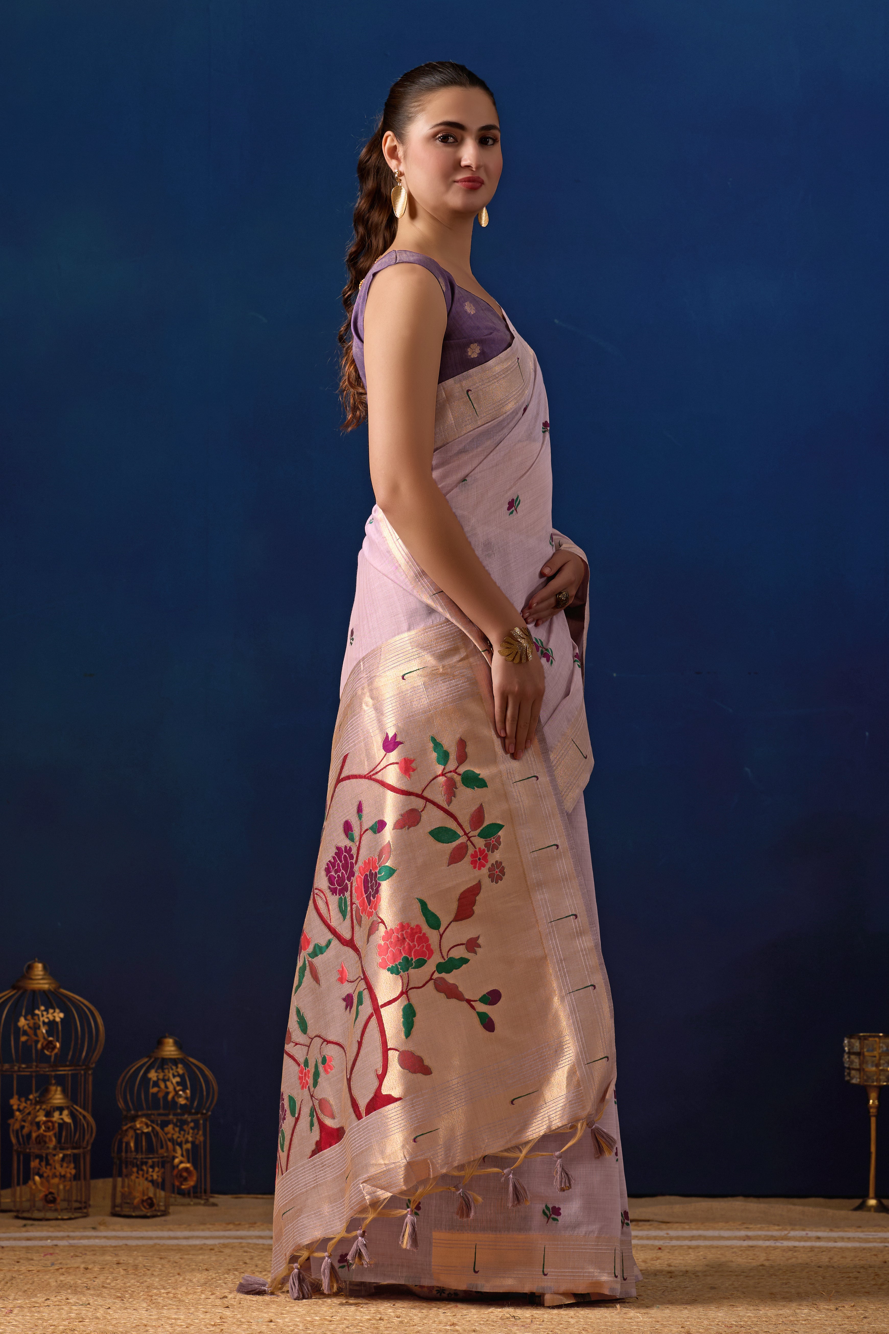 Classic Tree Pallu Paithani Silk Saree in Lavender with Majanta Contrast