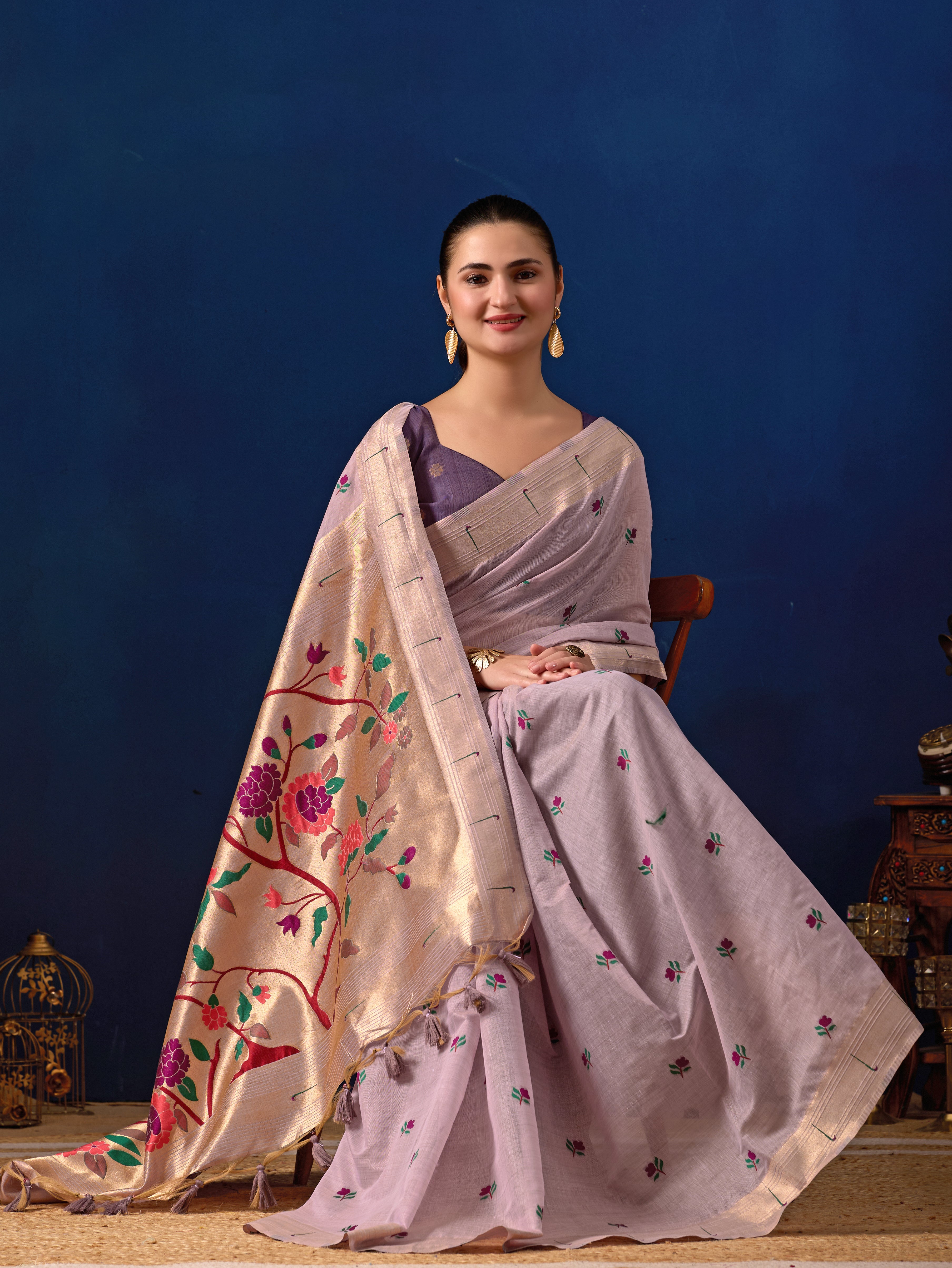 Classic Tree Pallu Paithani Silk Saree in Lavender with Majanta Contrast
