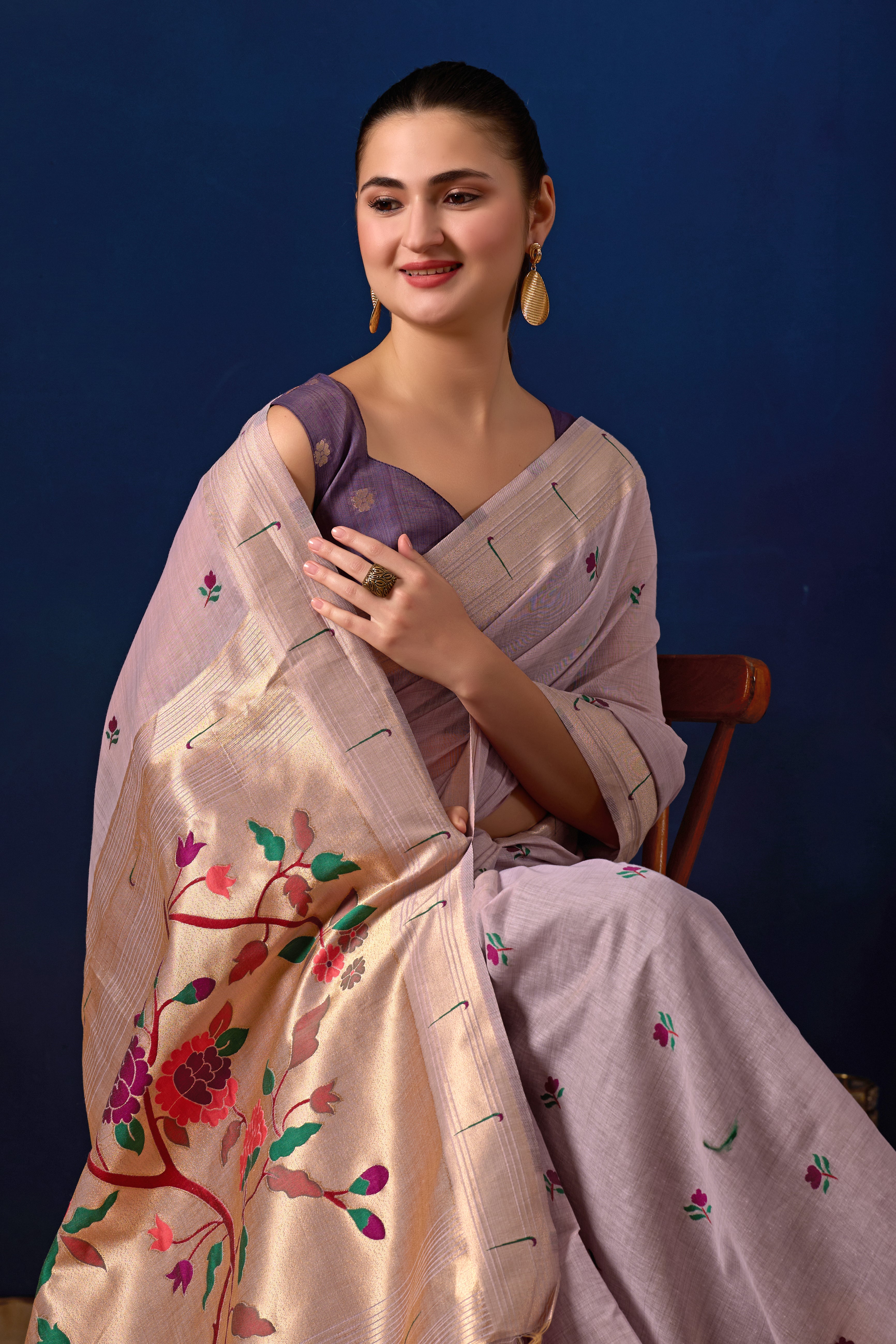 Classic Tree Pallu Paithani Silk Saree in Lavender with Majanta Contrast