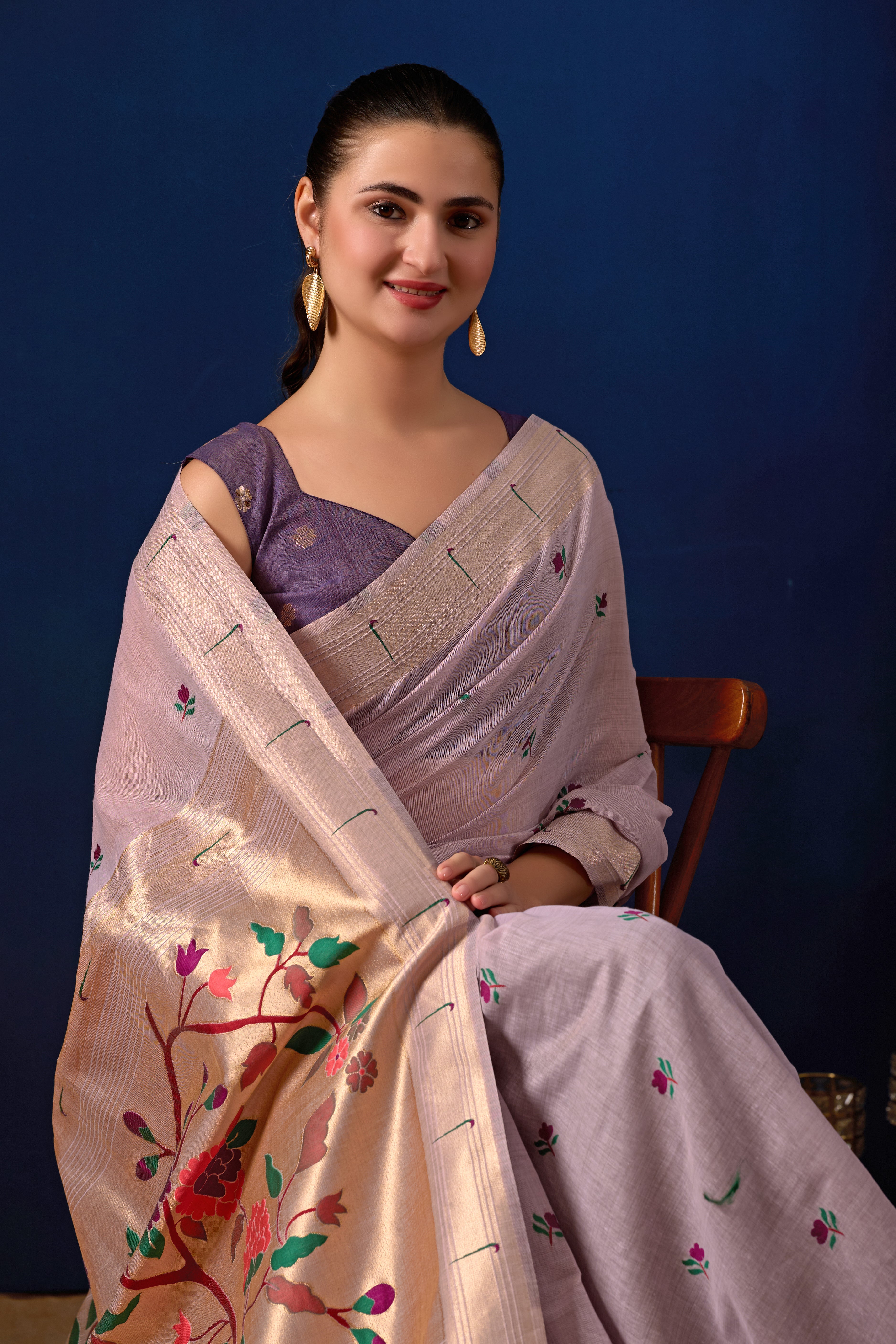 Classic Tree Pallu Paithani Silk Saree in Lavender with Majanta Contrast