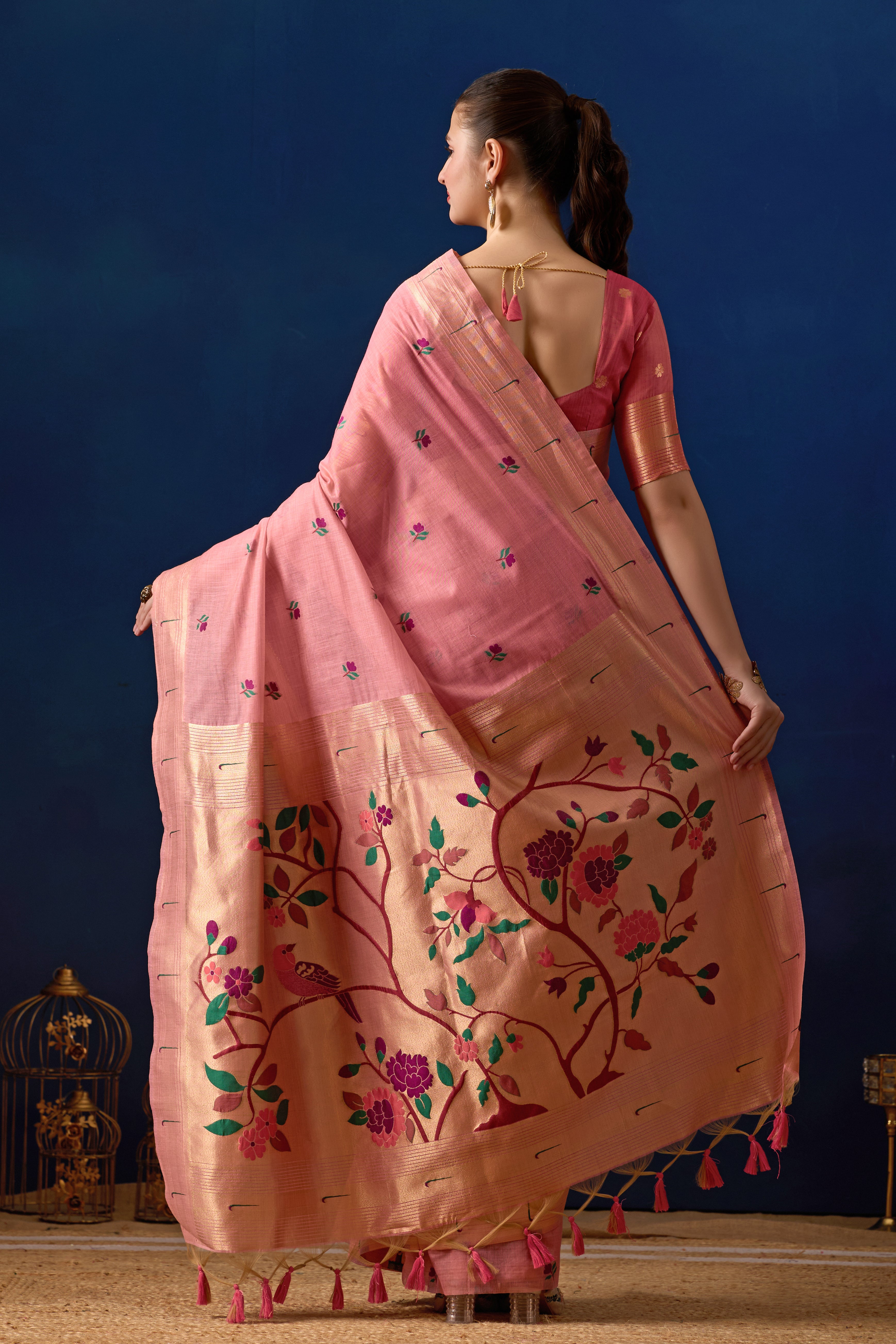 Classic Tree Pallu Paithani Silk Saree in Pink with Dark Pink Contrast