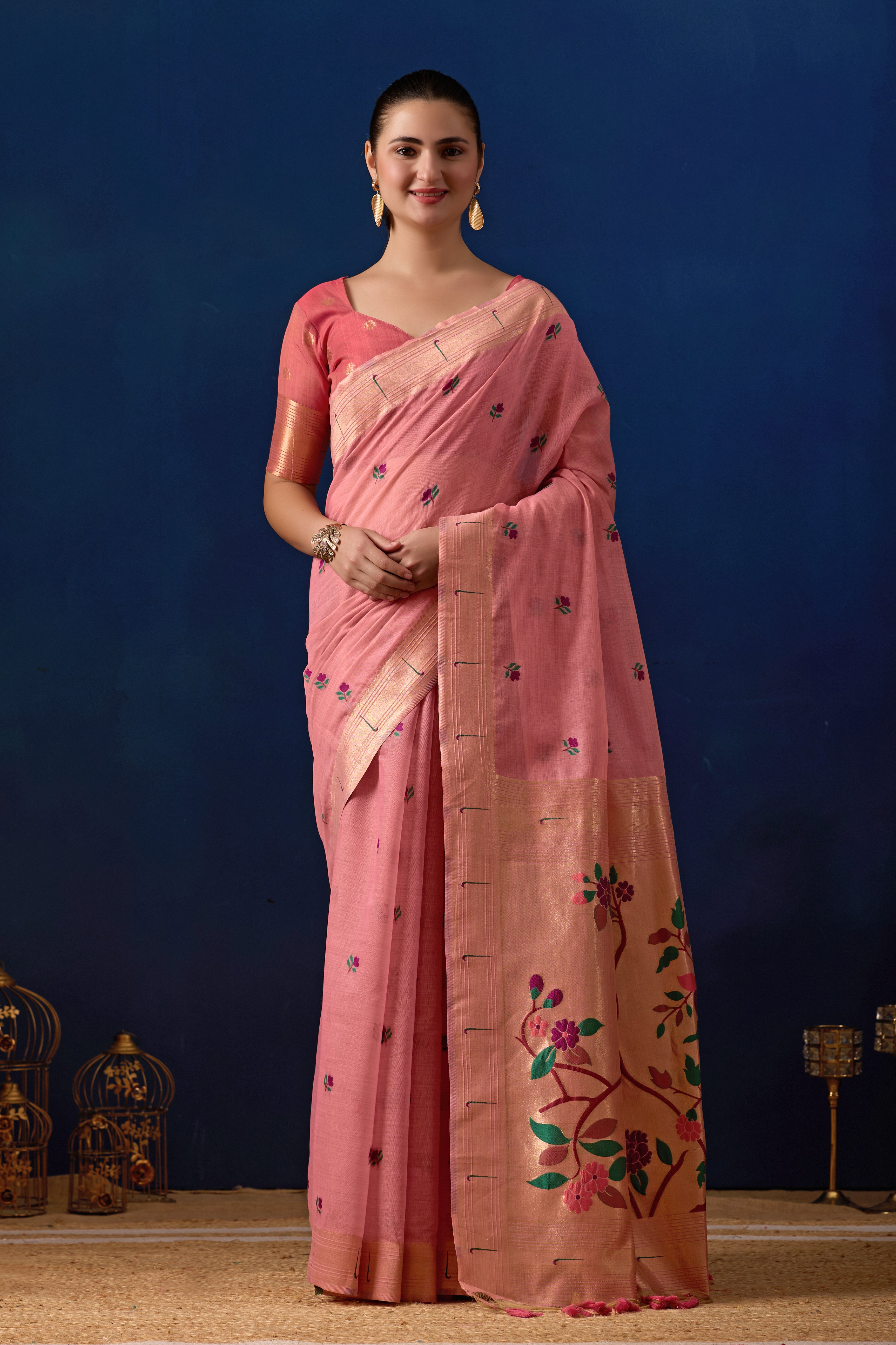 Classic Tree Pallu Paithani Silk Saree in Pink with Dark Pink Contrast