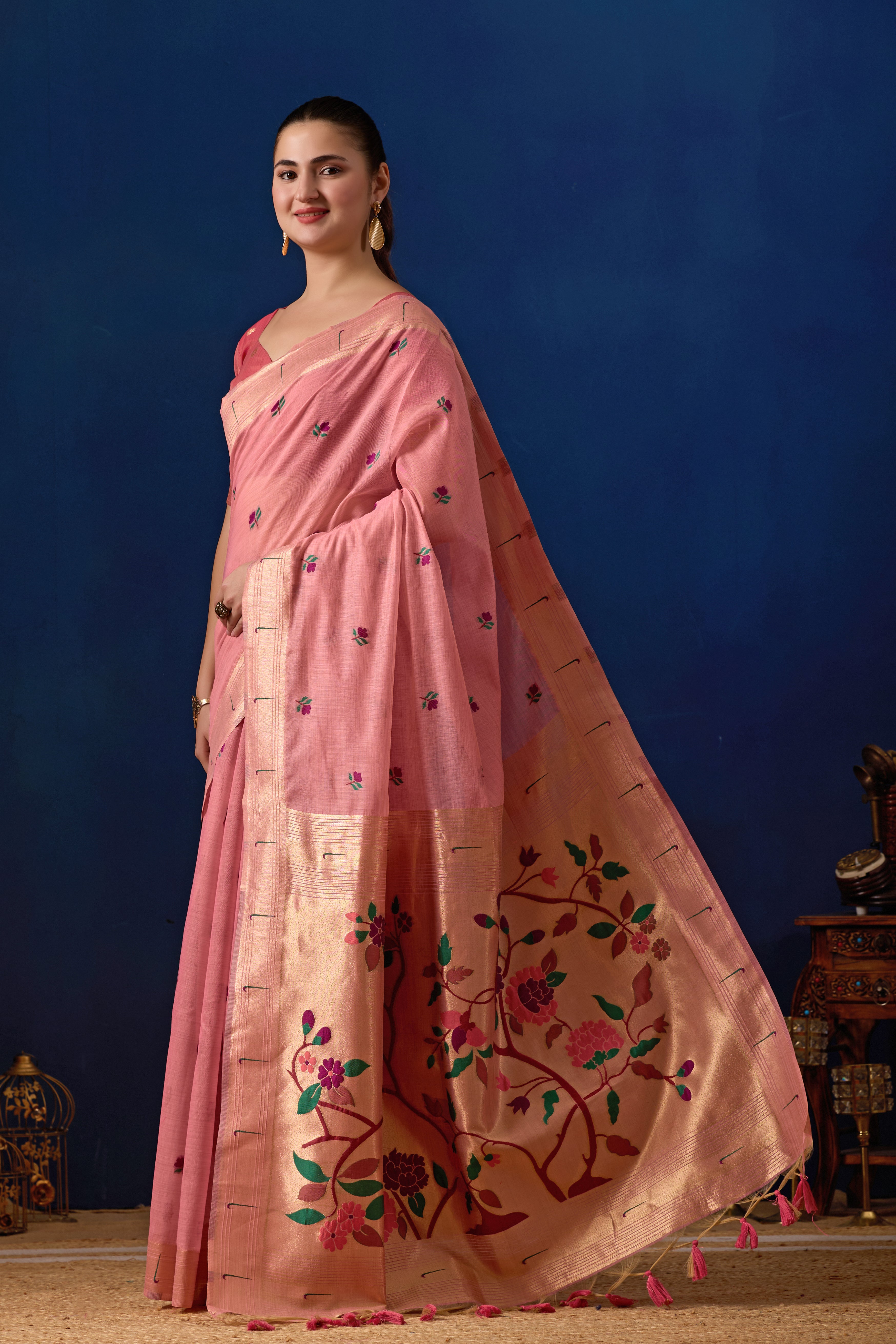 Classic Tree Pallu Paithani Silk Saree in Pink with Dark Pink Contrast