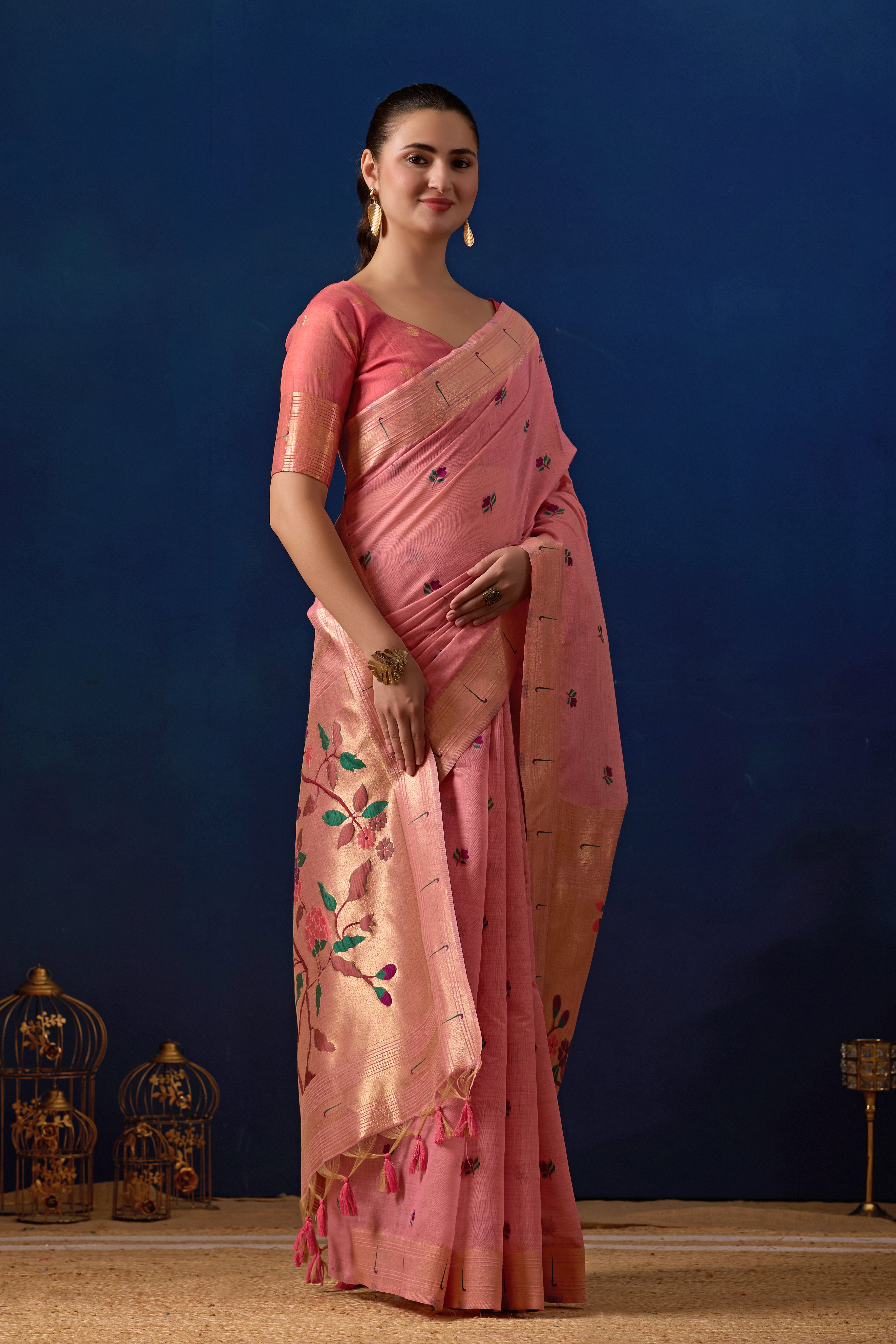 Classic Tree Pallu Paithani Silk Saree in Pink with Dark Pink Contrast