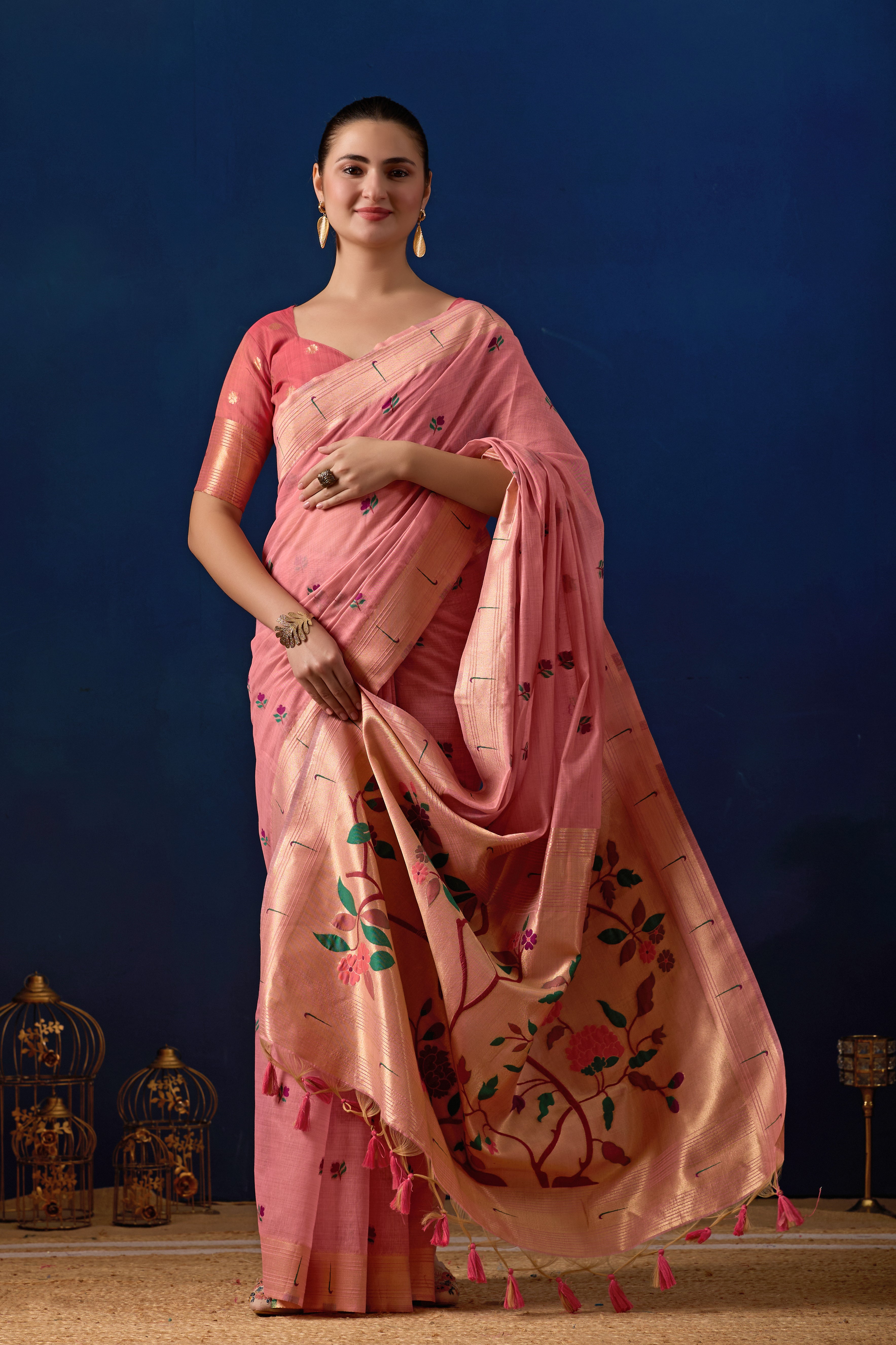 Classic Tree Pallu Paithani Silk Saree in Pink with Dark Pink Contrast