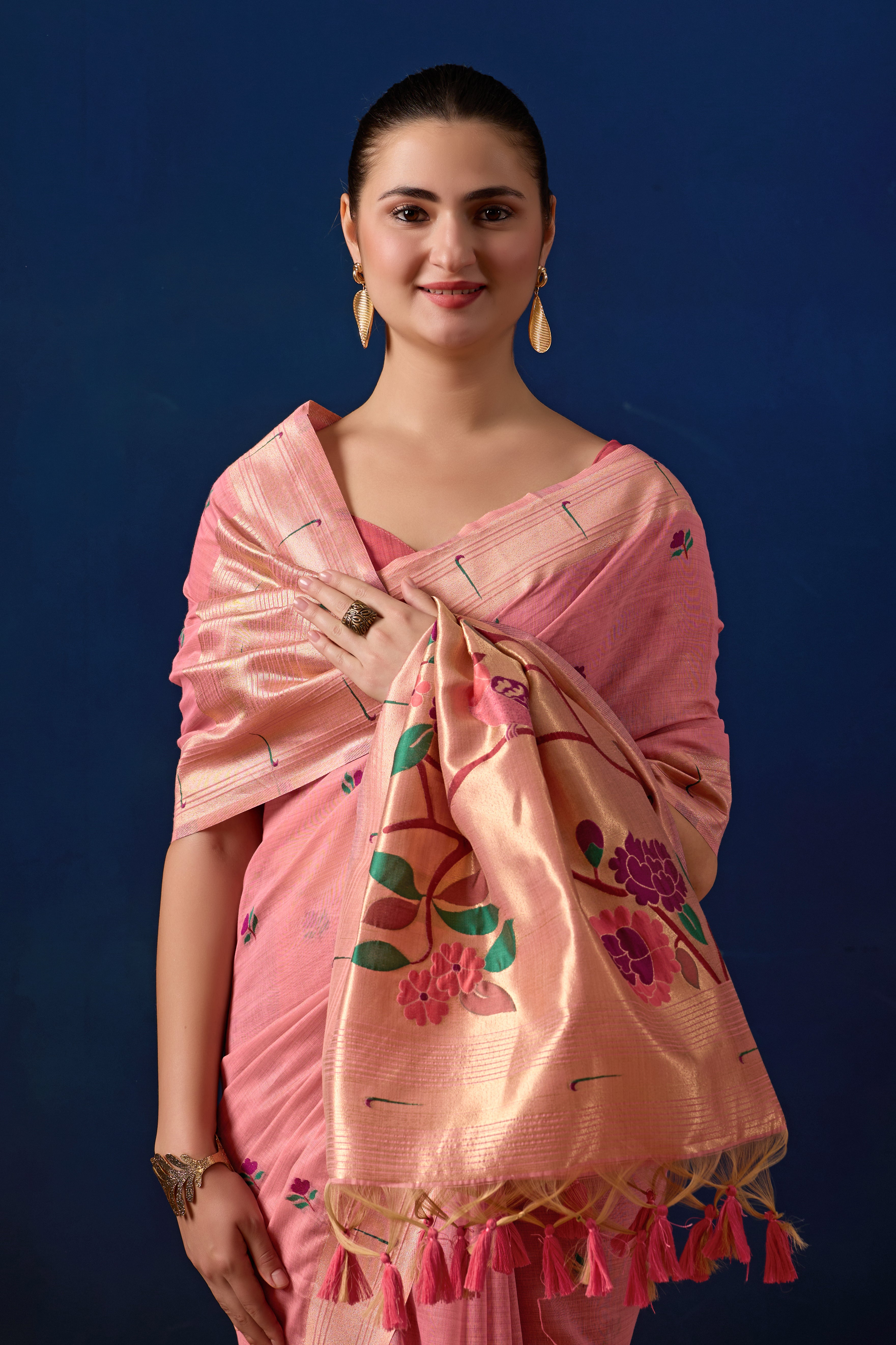 Classic Tree Pallu Paithani Silk Saree in Pink with Dark Pink Contrast