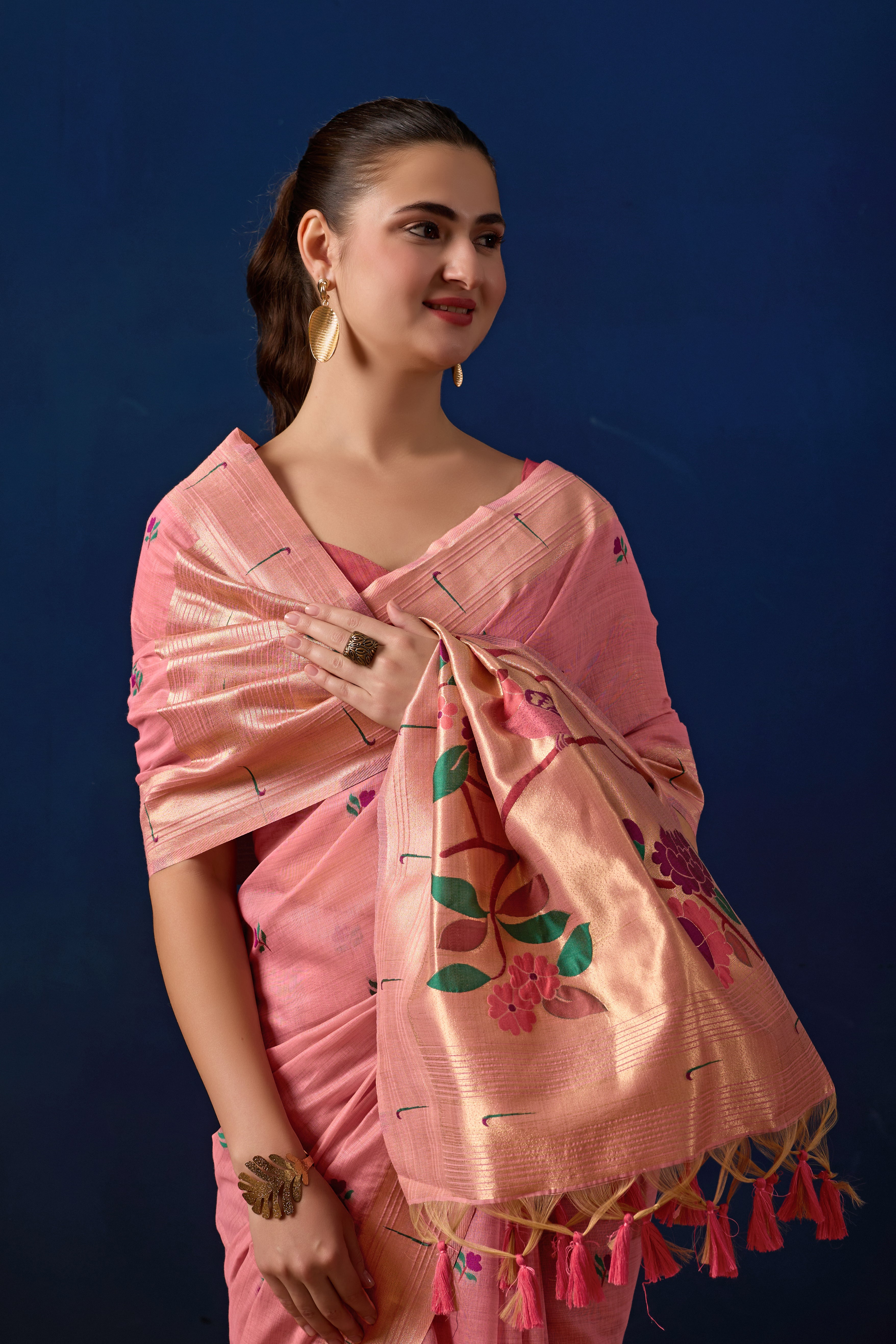Classic Tree Pallu Paithani Silk Saree in Pink with Dark Pink Contrast