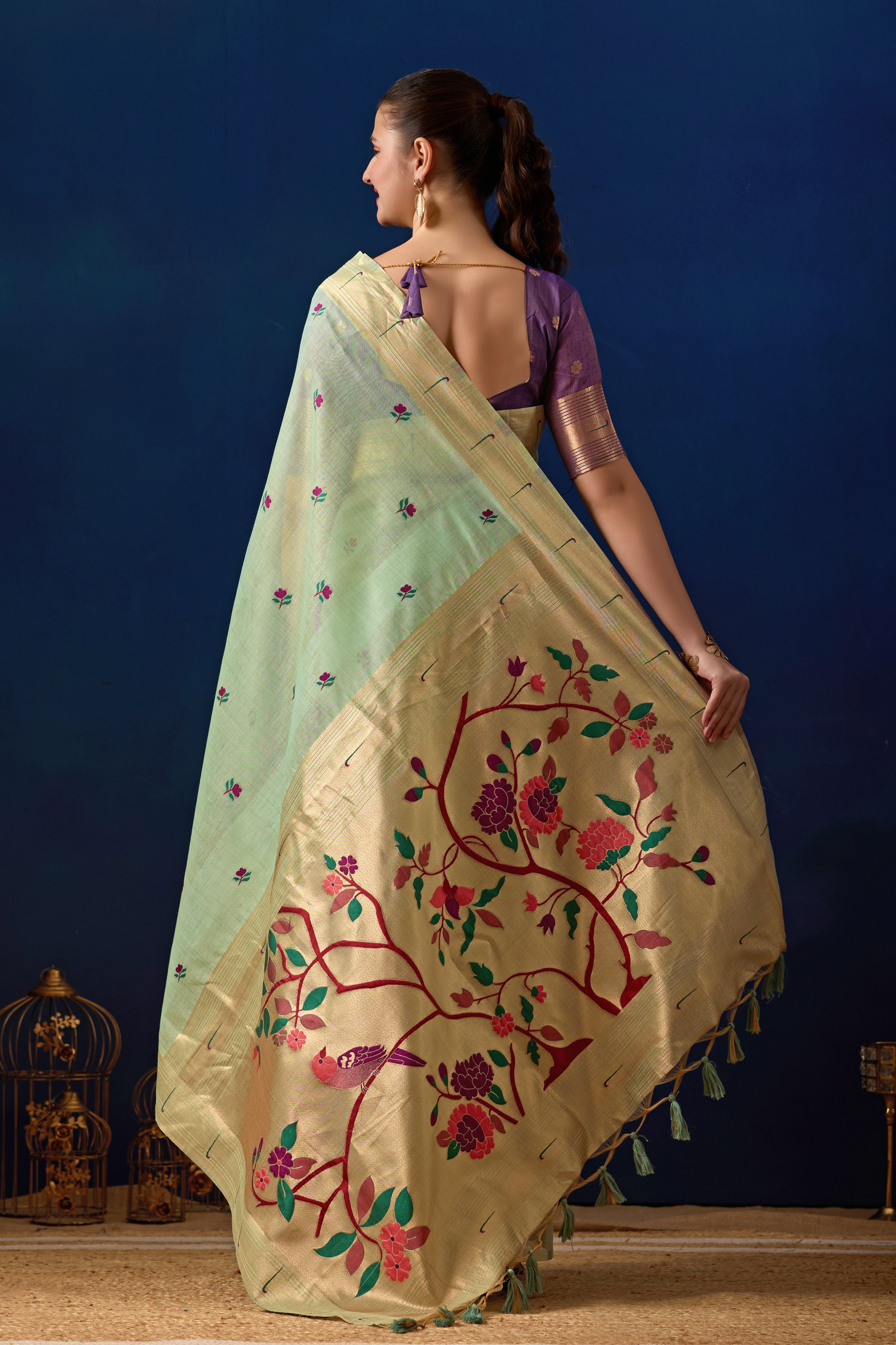 Classic Tree Pallu Paithani Silk Saree in Pista with Majanta Contrast