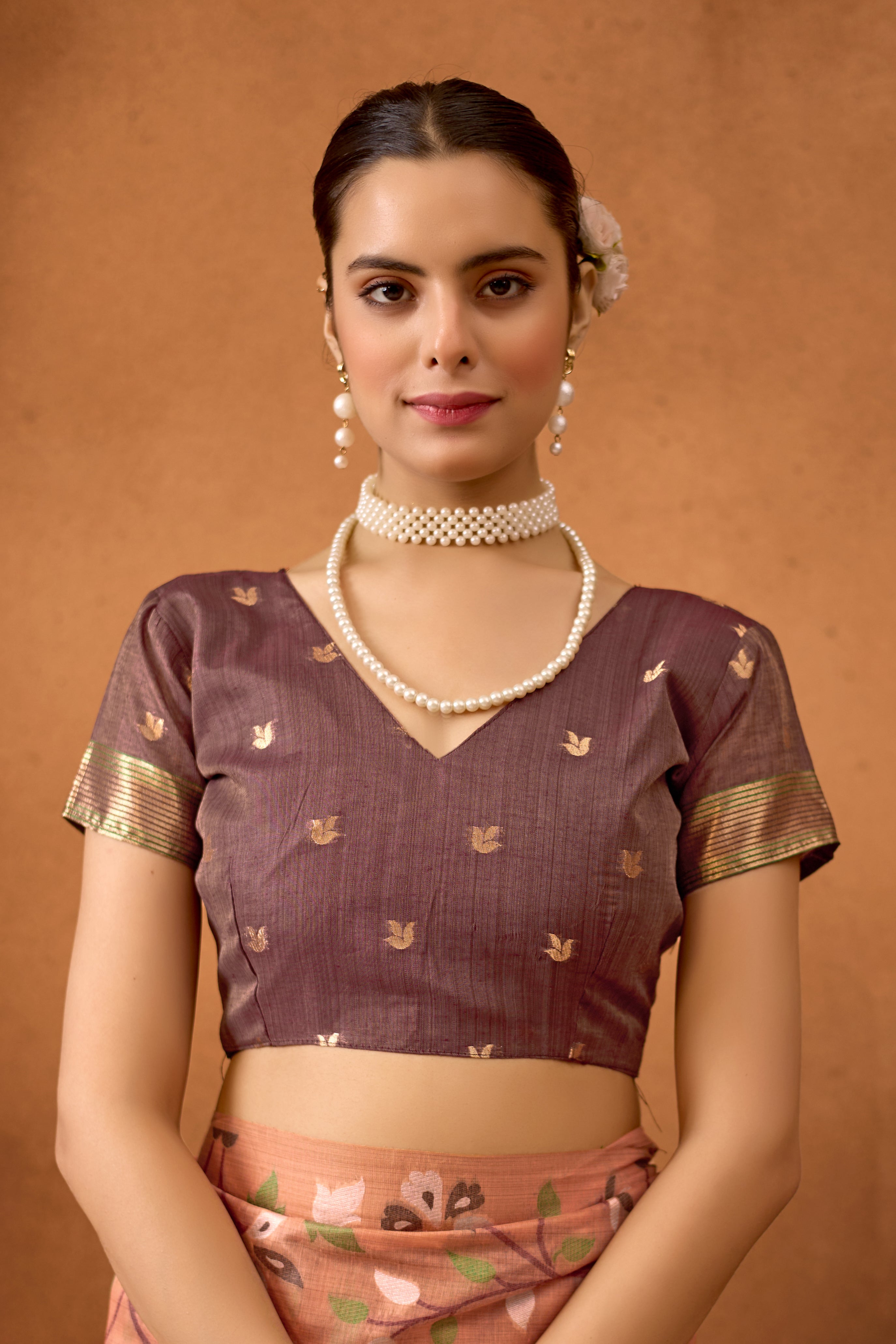 Woven Floral Design Muga Cotton Saree in Orange