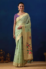 Classic Tree Pallu Paithani Silk Saree in Pista with Majanta Contrast