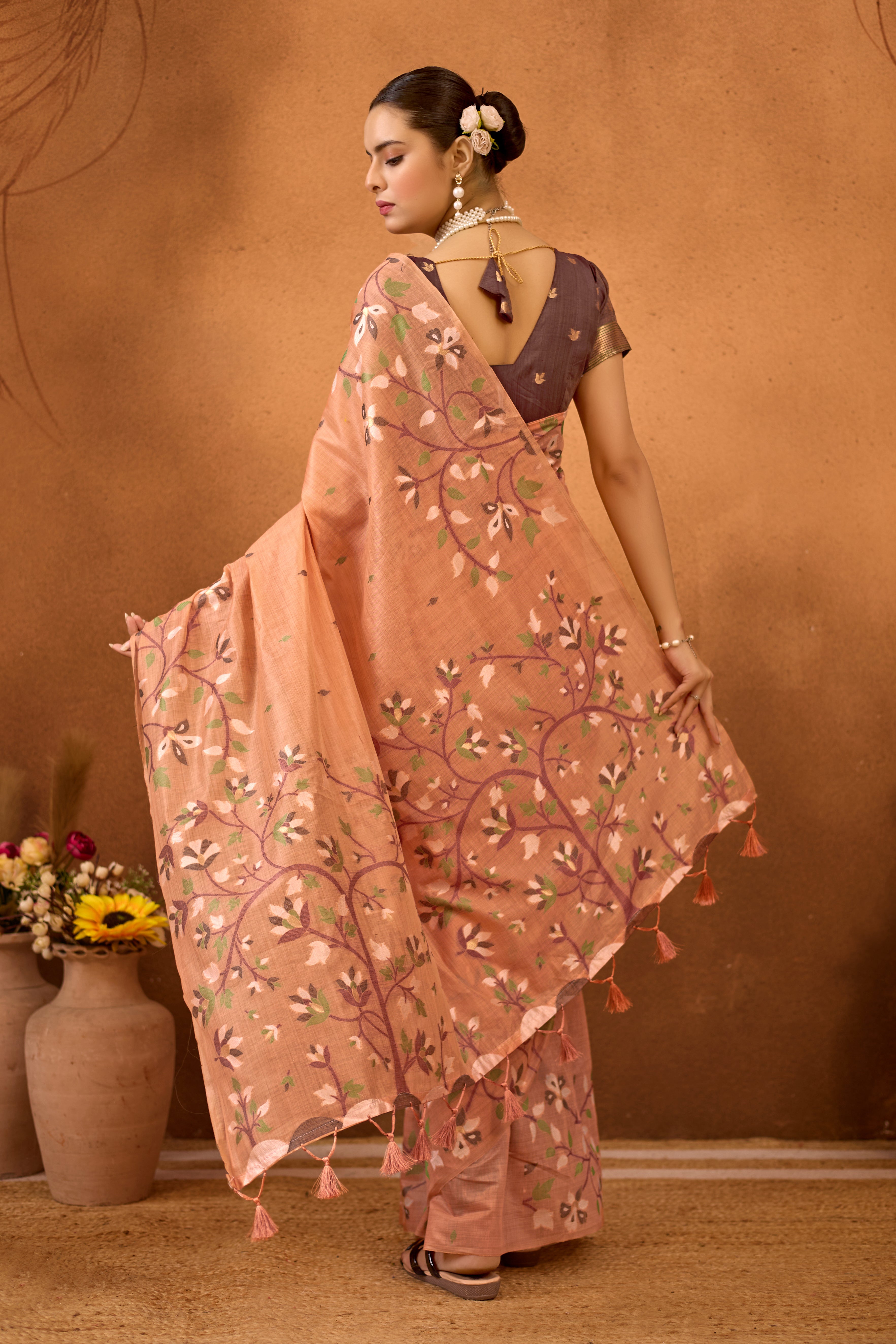 Woven Floral Design Muga Cotton Saree in Orange