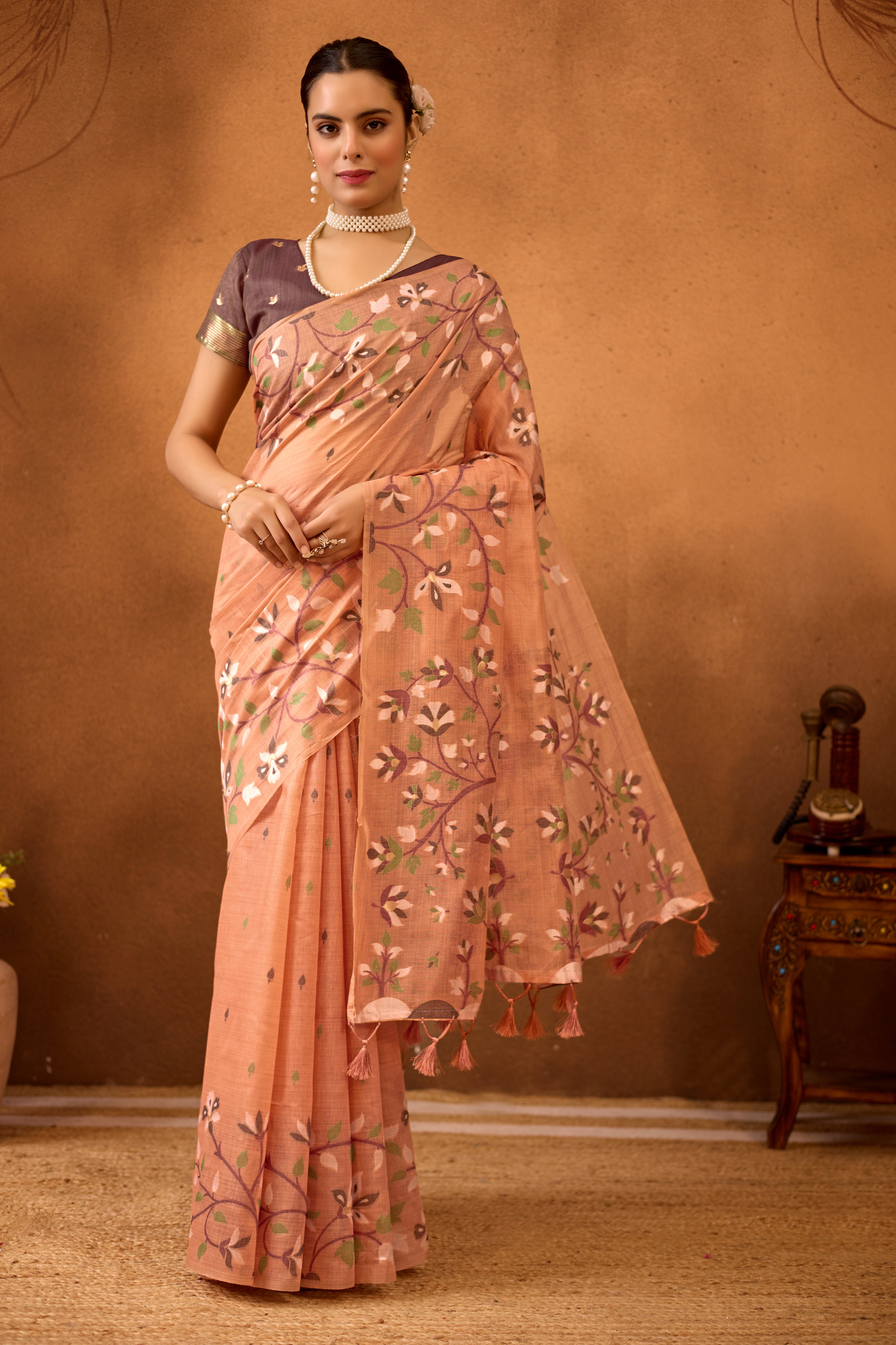 Woven Floral Design Muga Cotton Saree in Orange