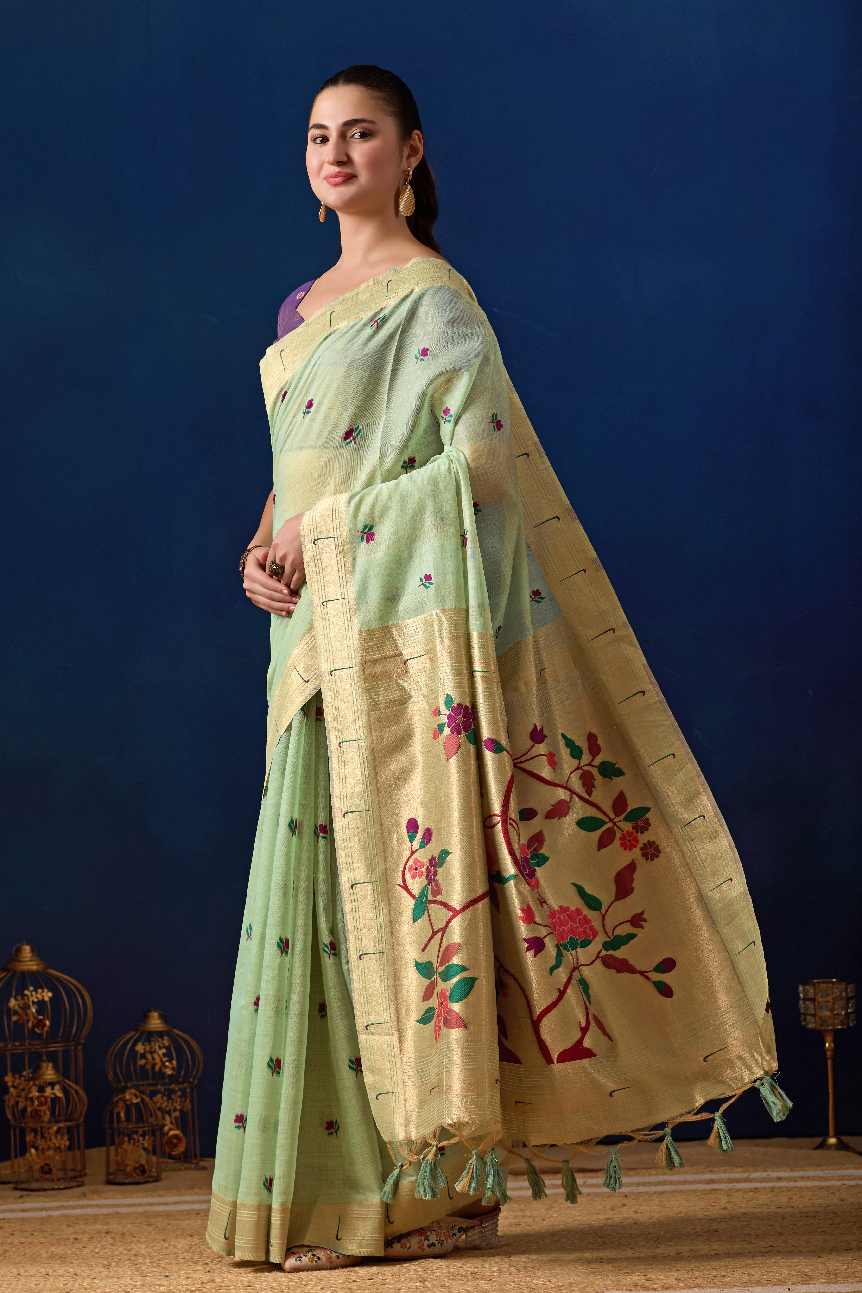Classic Tree Pallu Paithani Silk Saree in Pista with Majanta Contrast