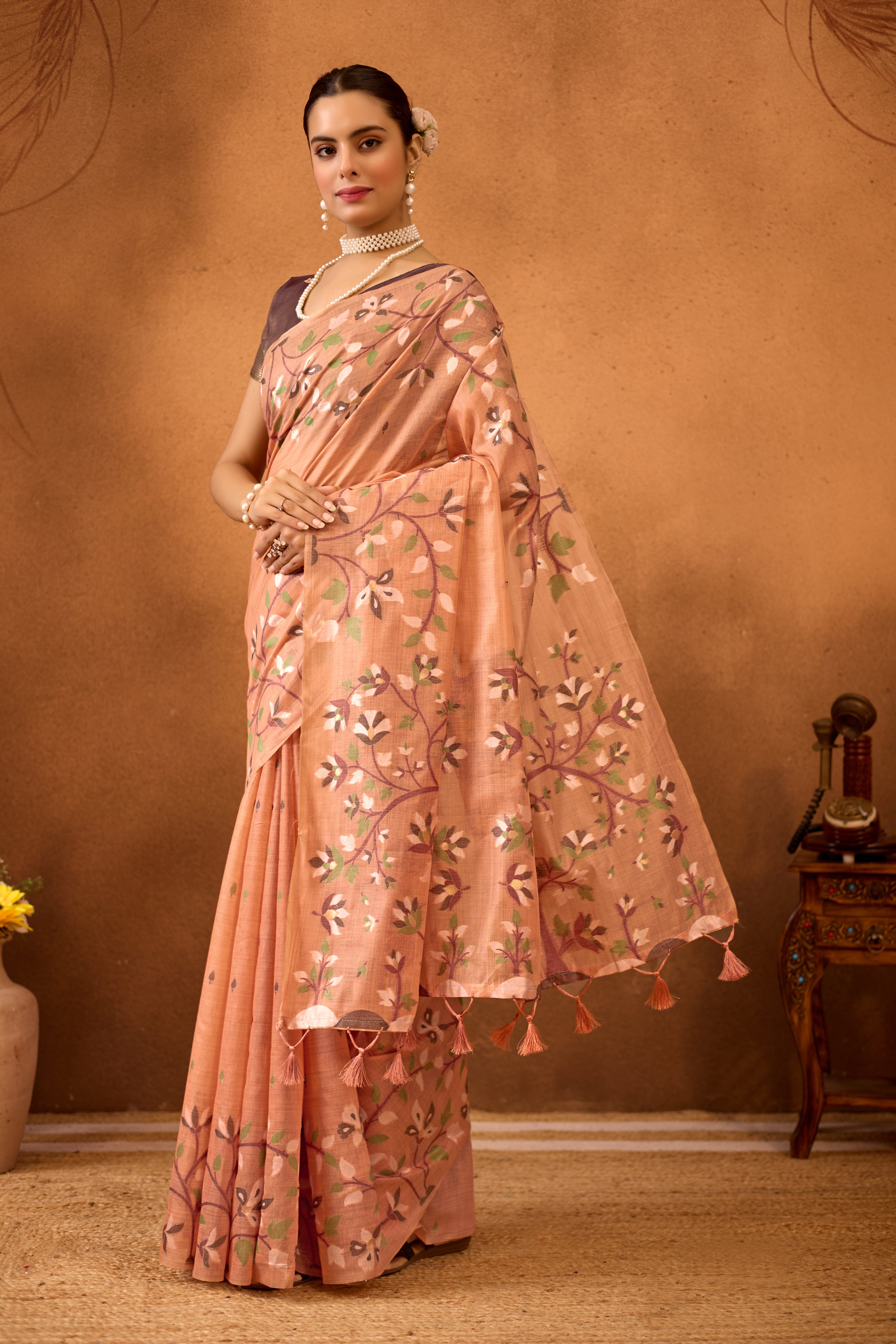 Woven Floral Design Muga Cotton Saree in Orange