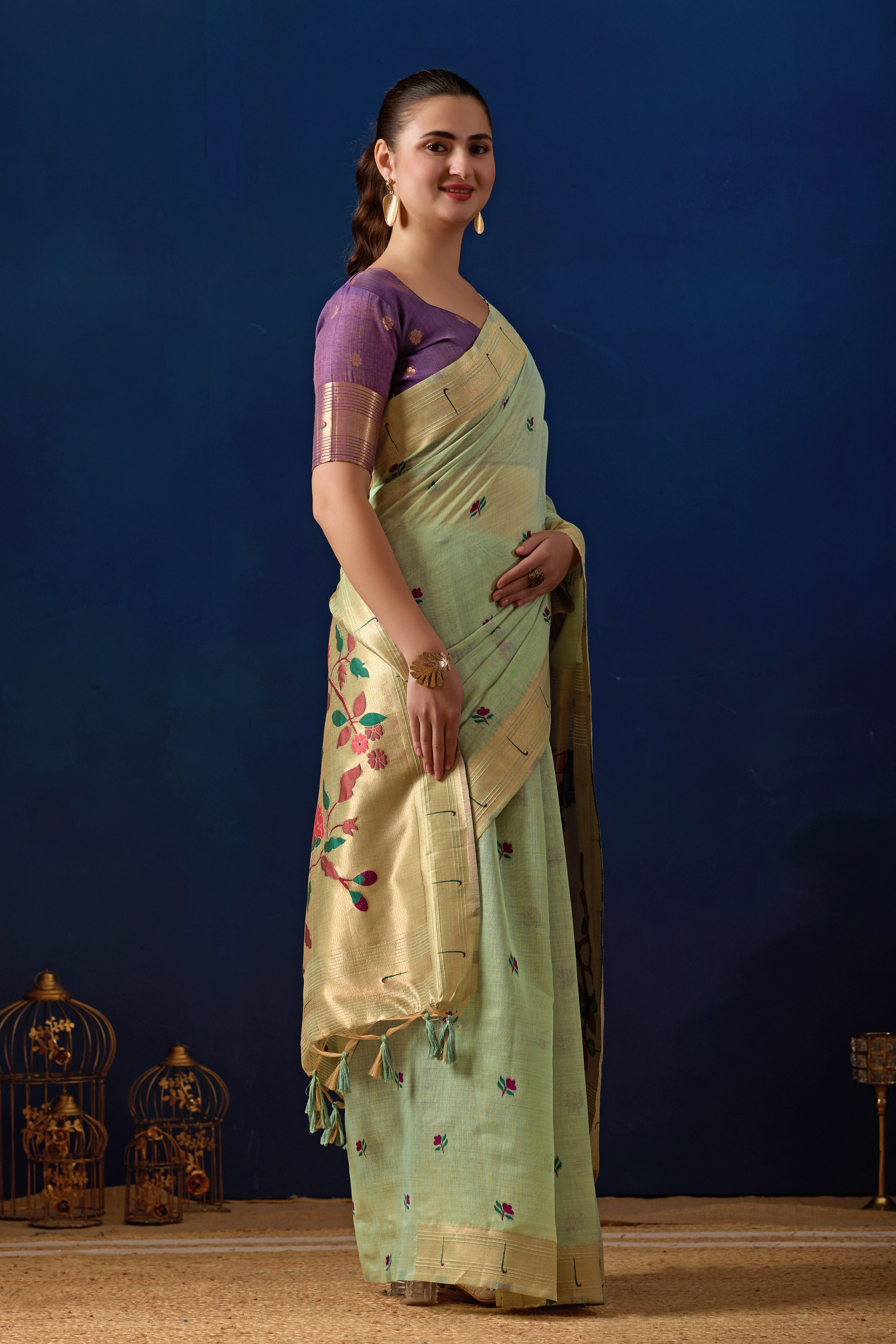 Classic Tree Pallu Paithani Silk Saree in Pista with Majanta Contrast