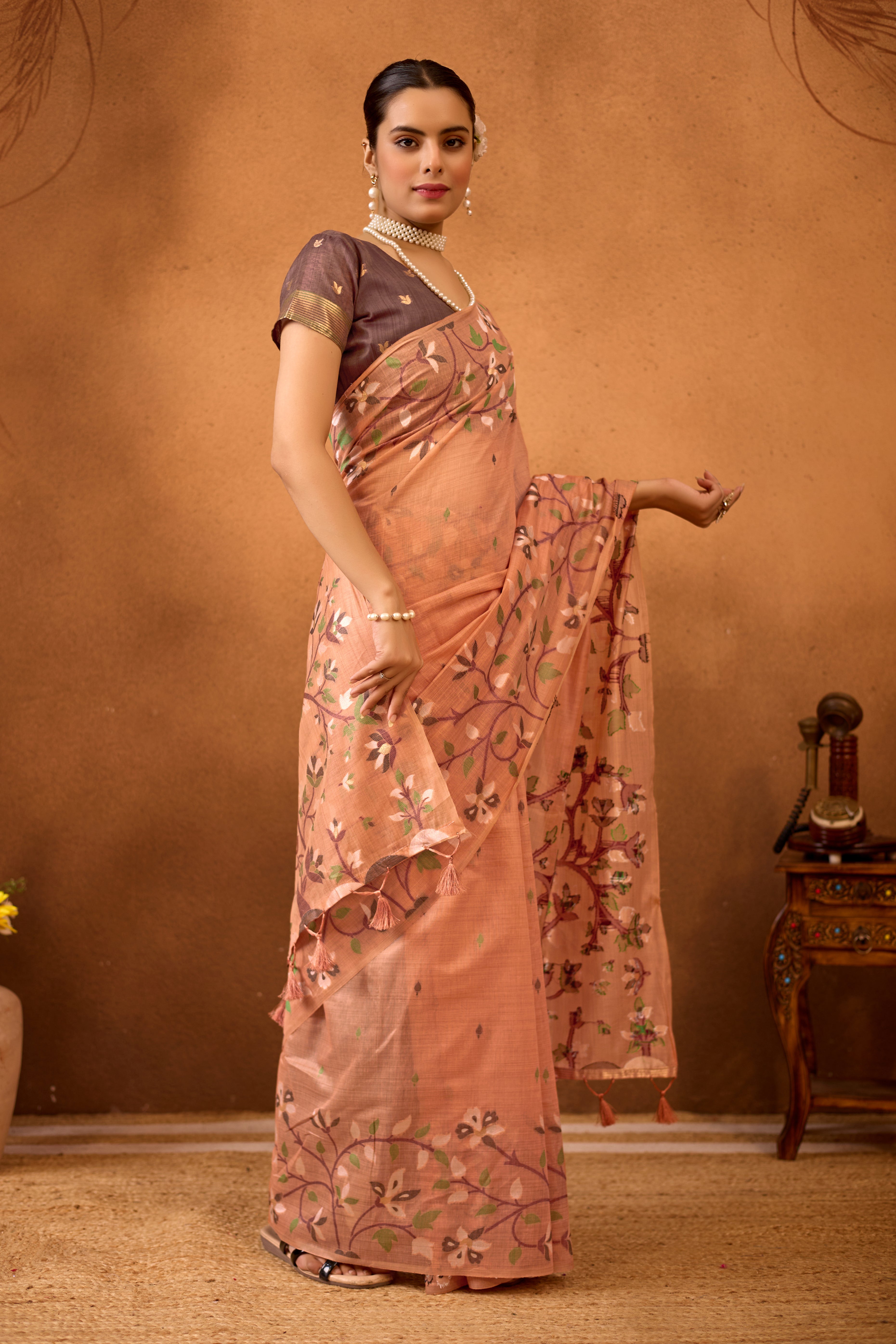 Woven Floral Design Muga Cotton Saree in Orange