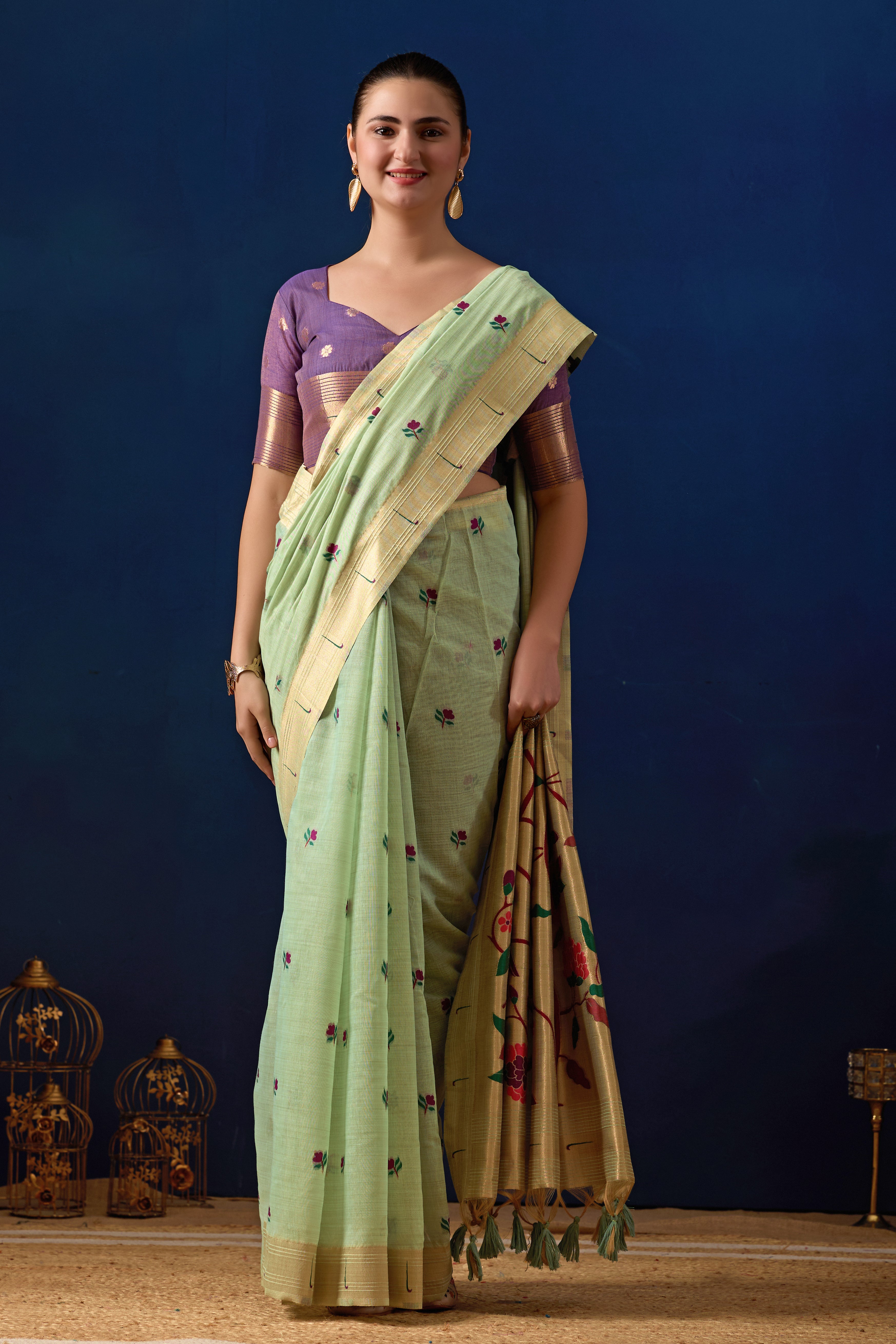 Classic Tree Pallu Paithani Silk Saree in Pista with Majanta Contrast