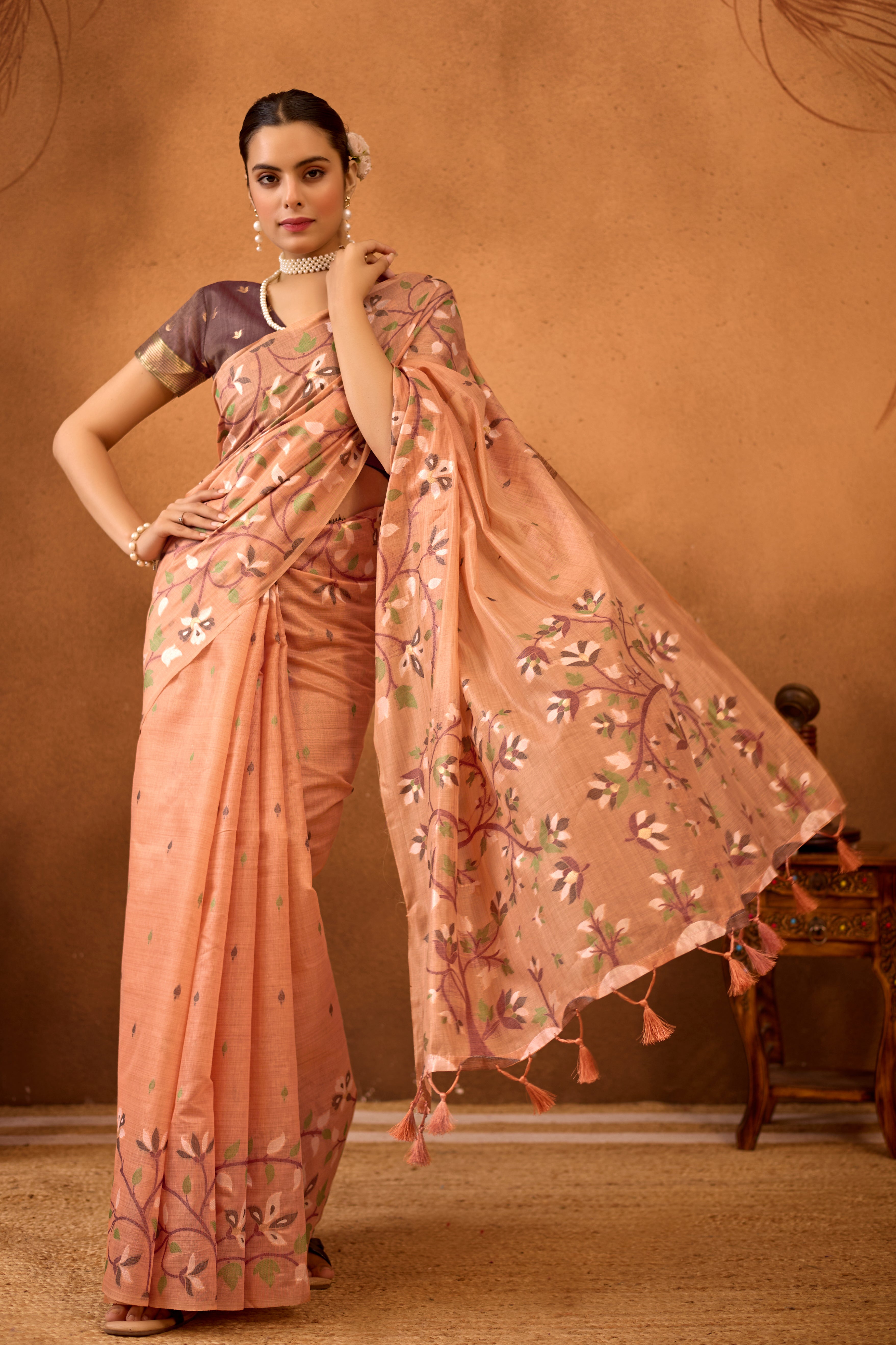 Woven Floral Design Muga Cotton Saree in Orange