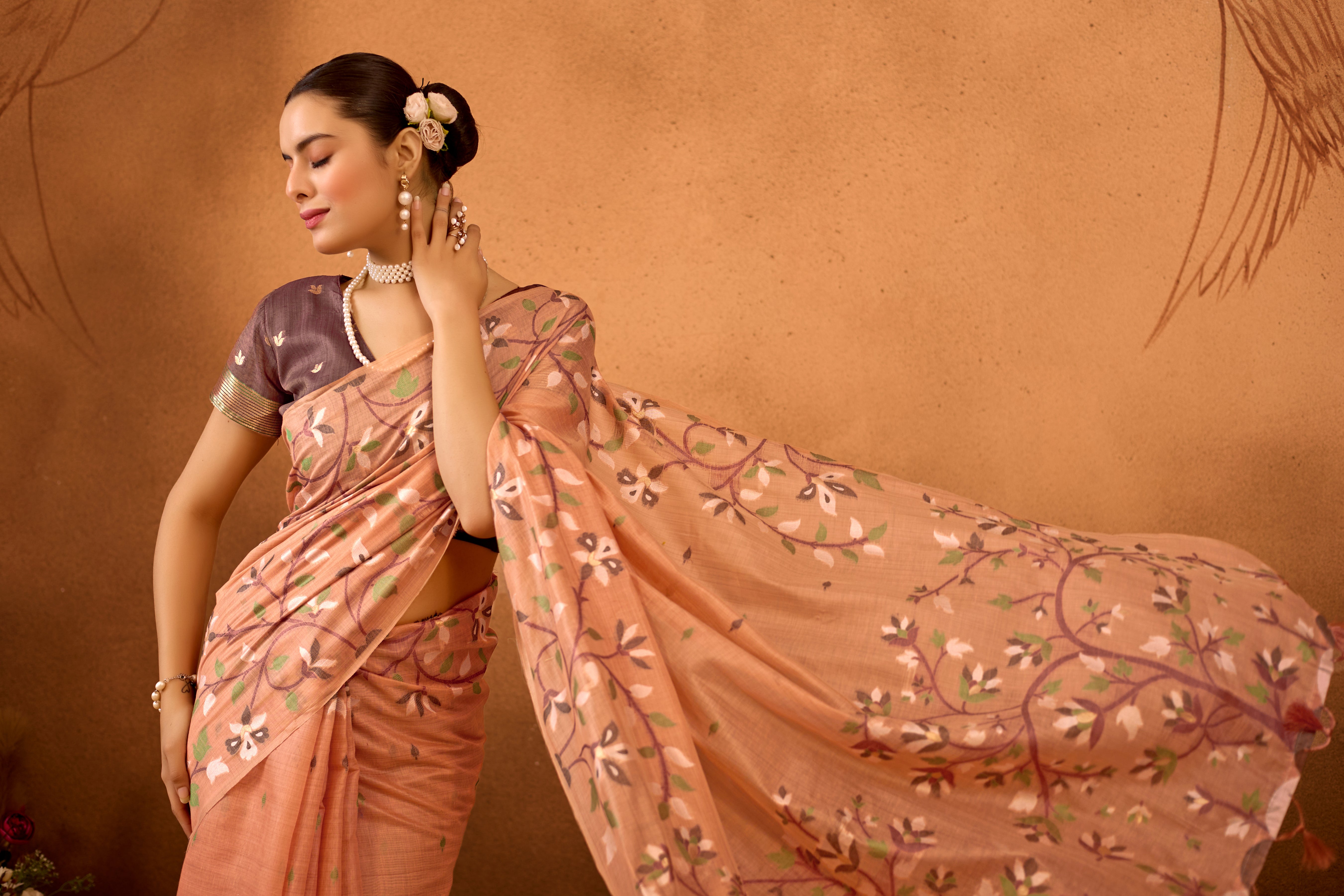 Woven Floral Design Muga Cotton Saree in Orange