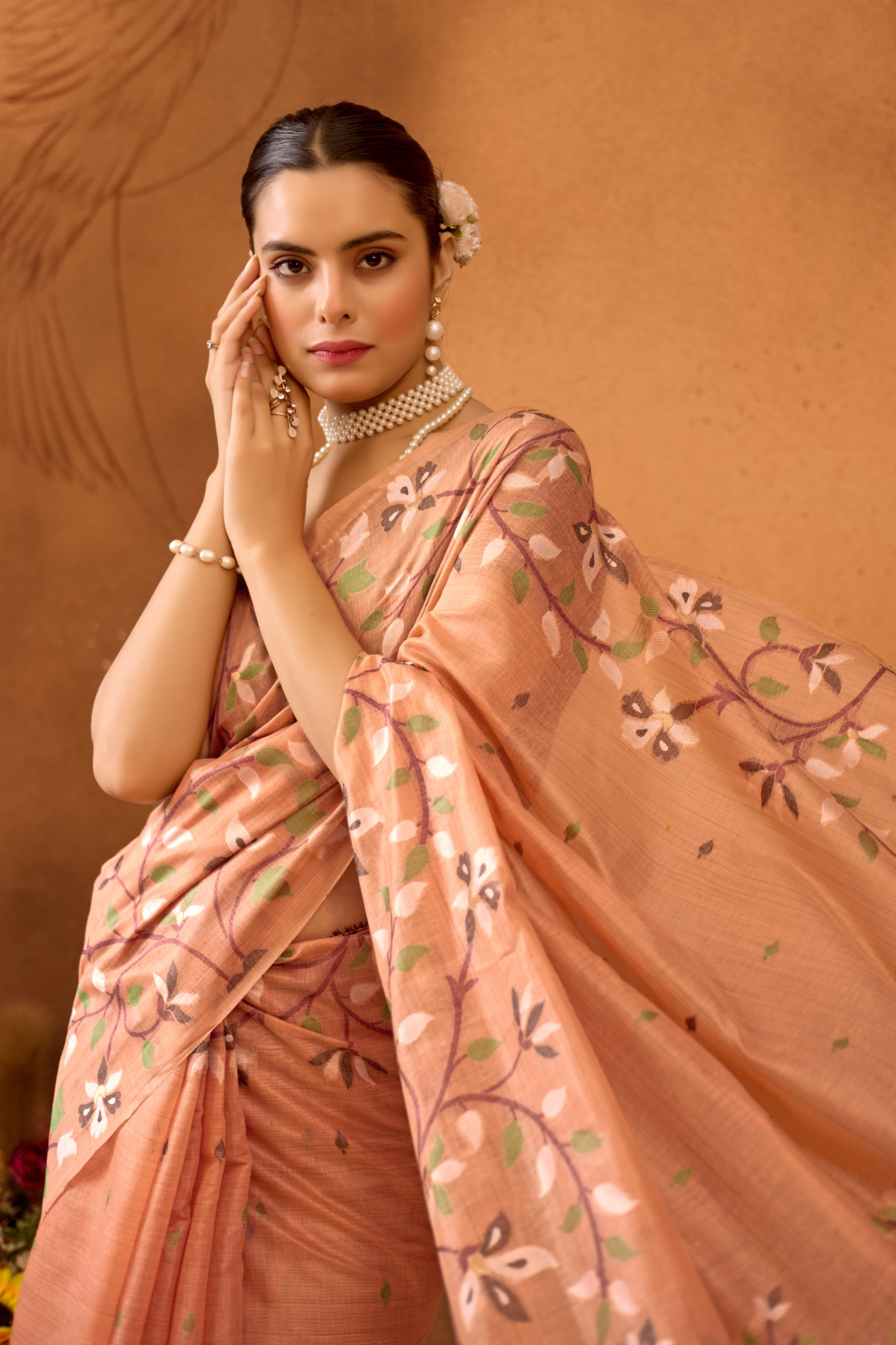 Woven Floral Design Muga Cotton Saree in Orange