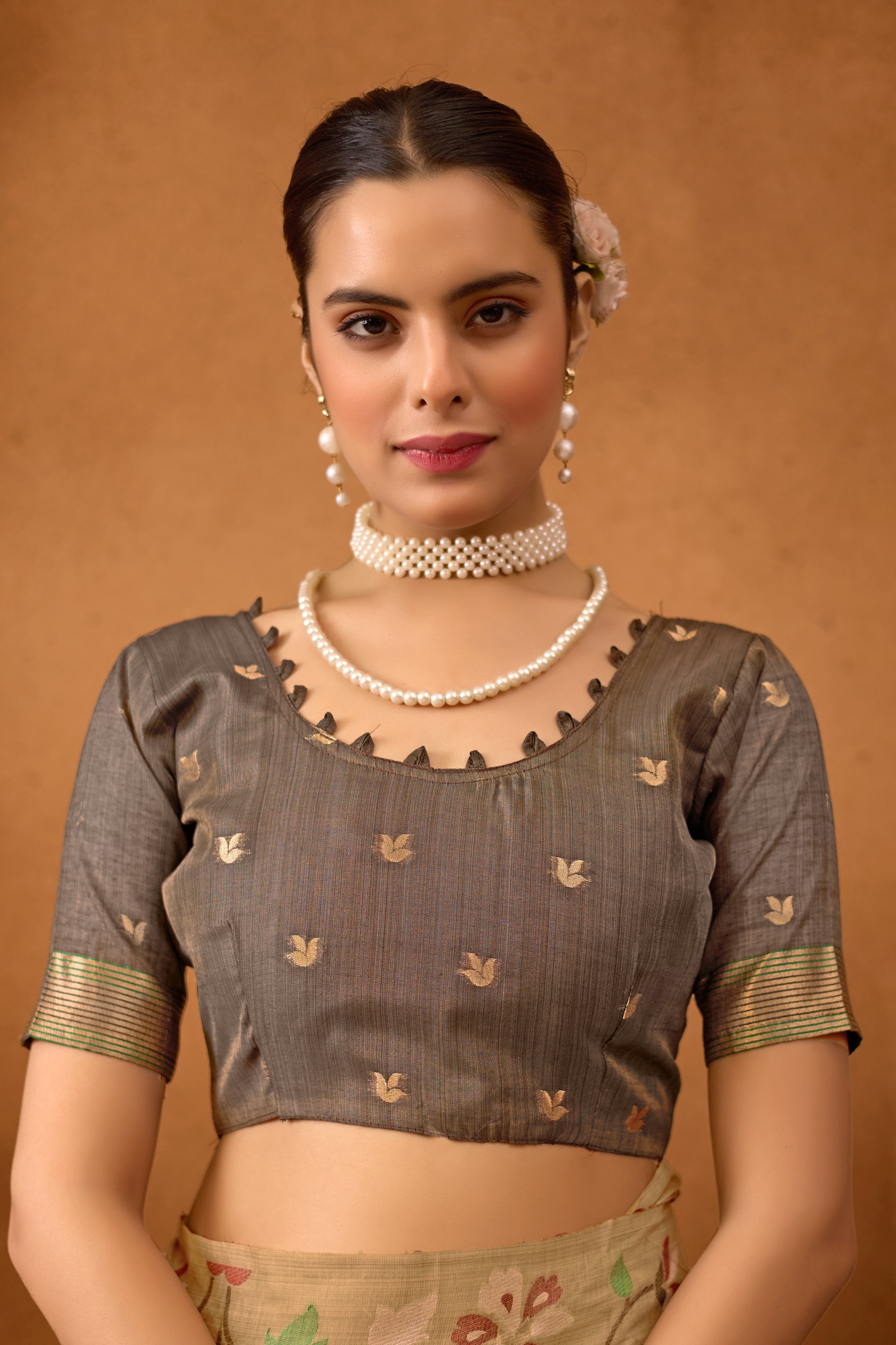 Woven Floral Design Muga Cotton Saree in Beige