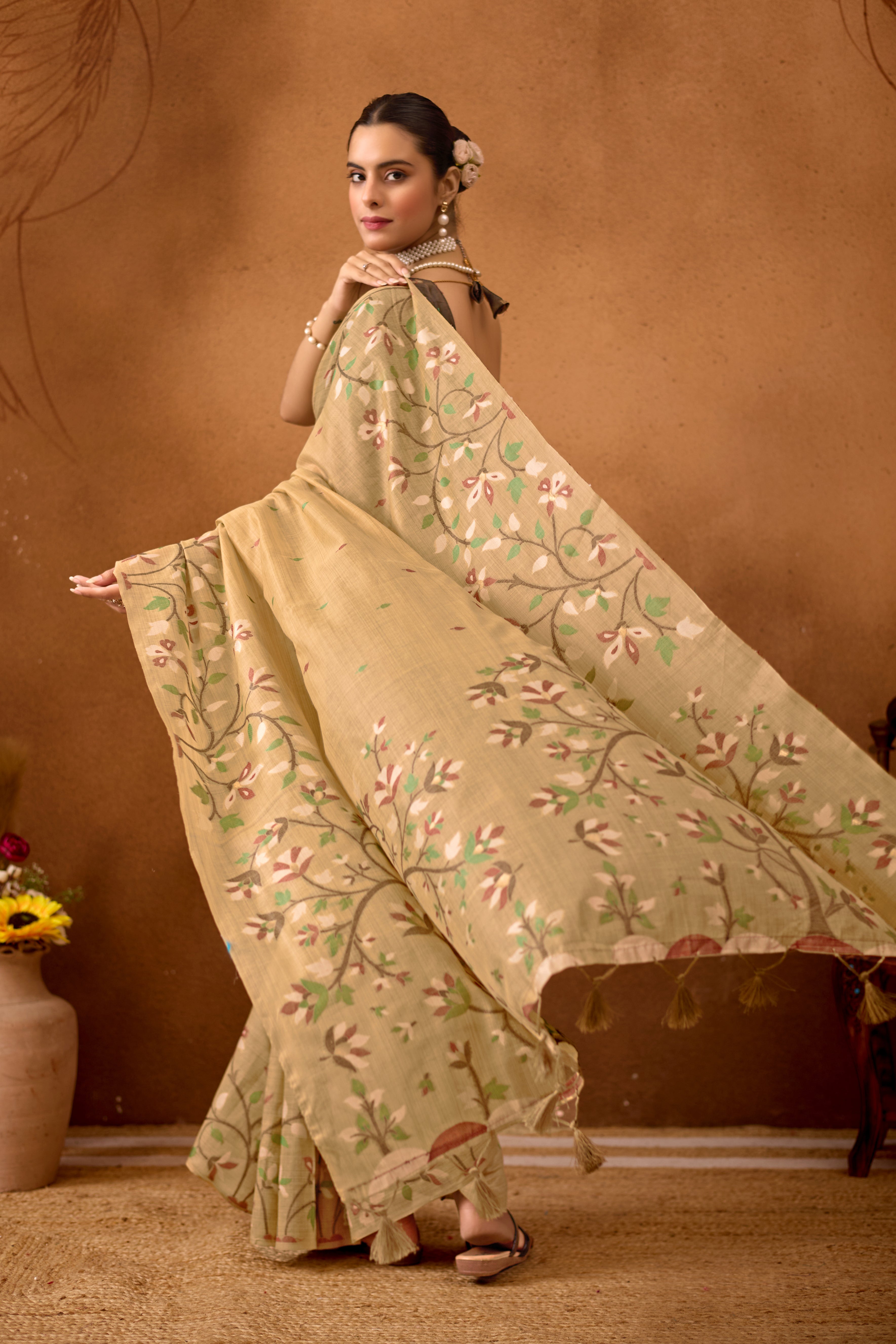 Woven Floral Design Muga Cotton Saree in Beige