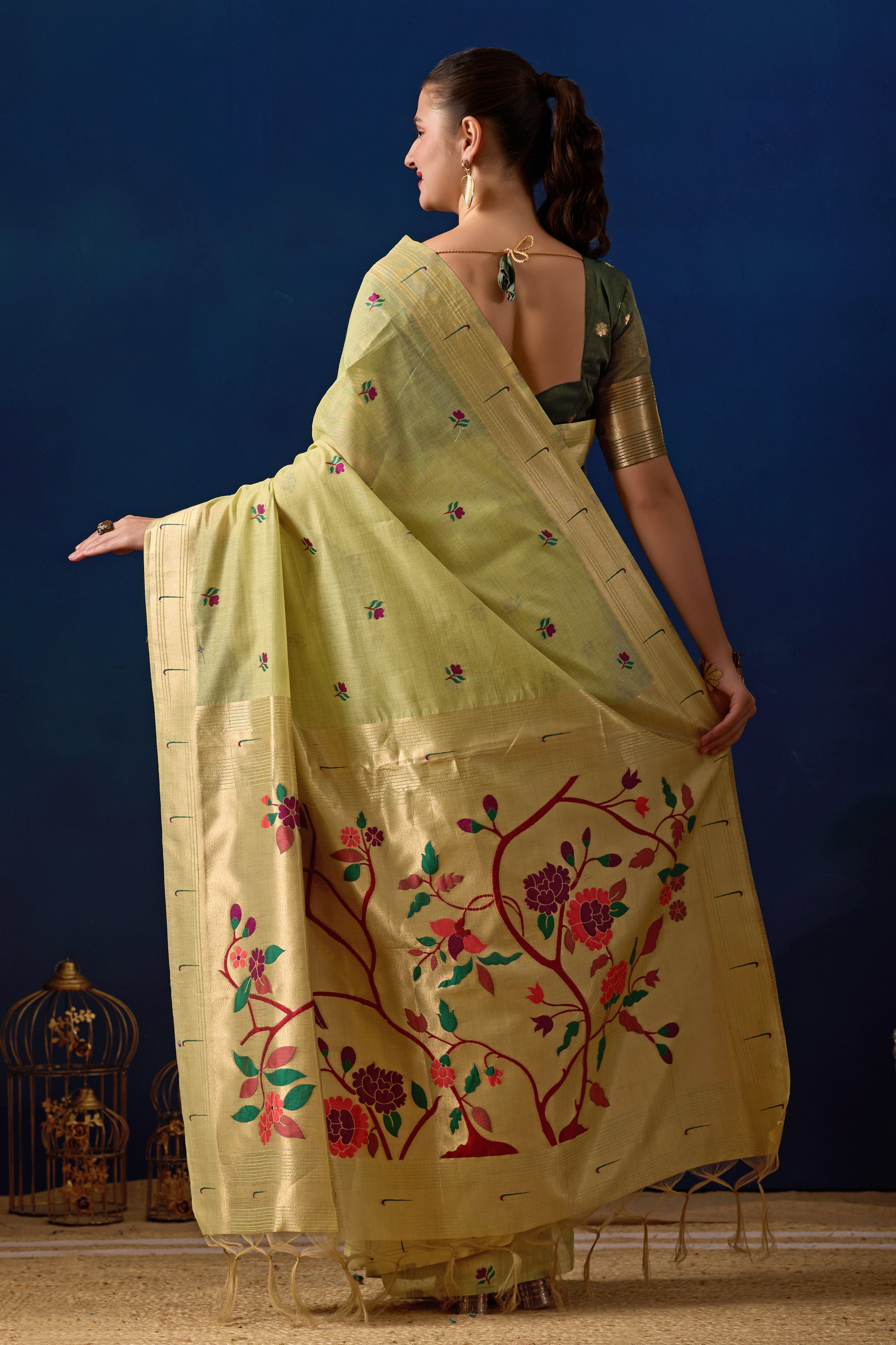 Classic Tree Pallu Paithani Silk Saree in Green with Dark Green Contrast
