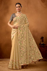 Woven Floral Design Muga Cotton Saree in Beige
