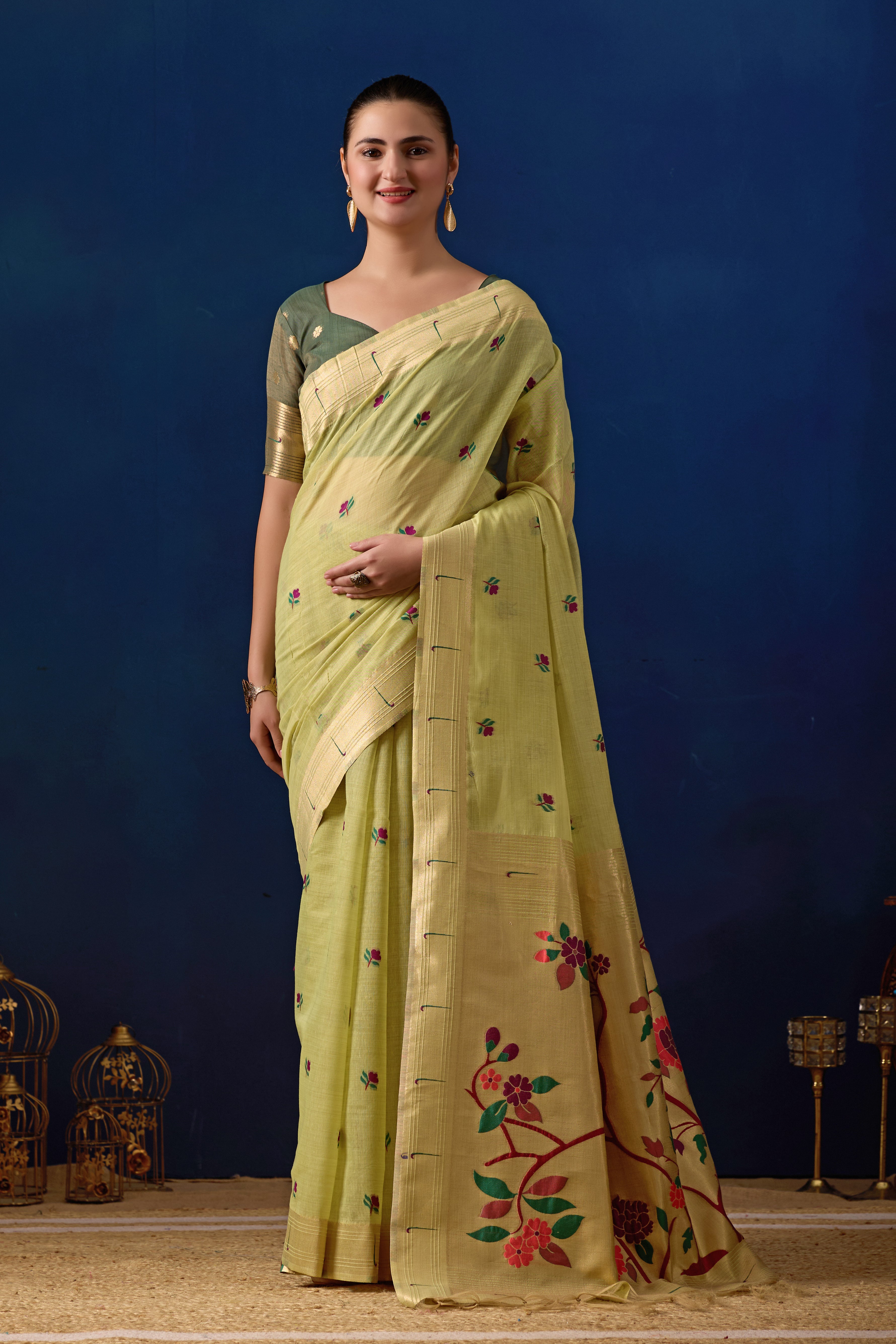 Classic Tree Pallu Paithani Silk Saree in Green with Dark Green Contrast
