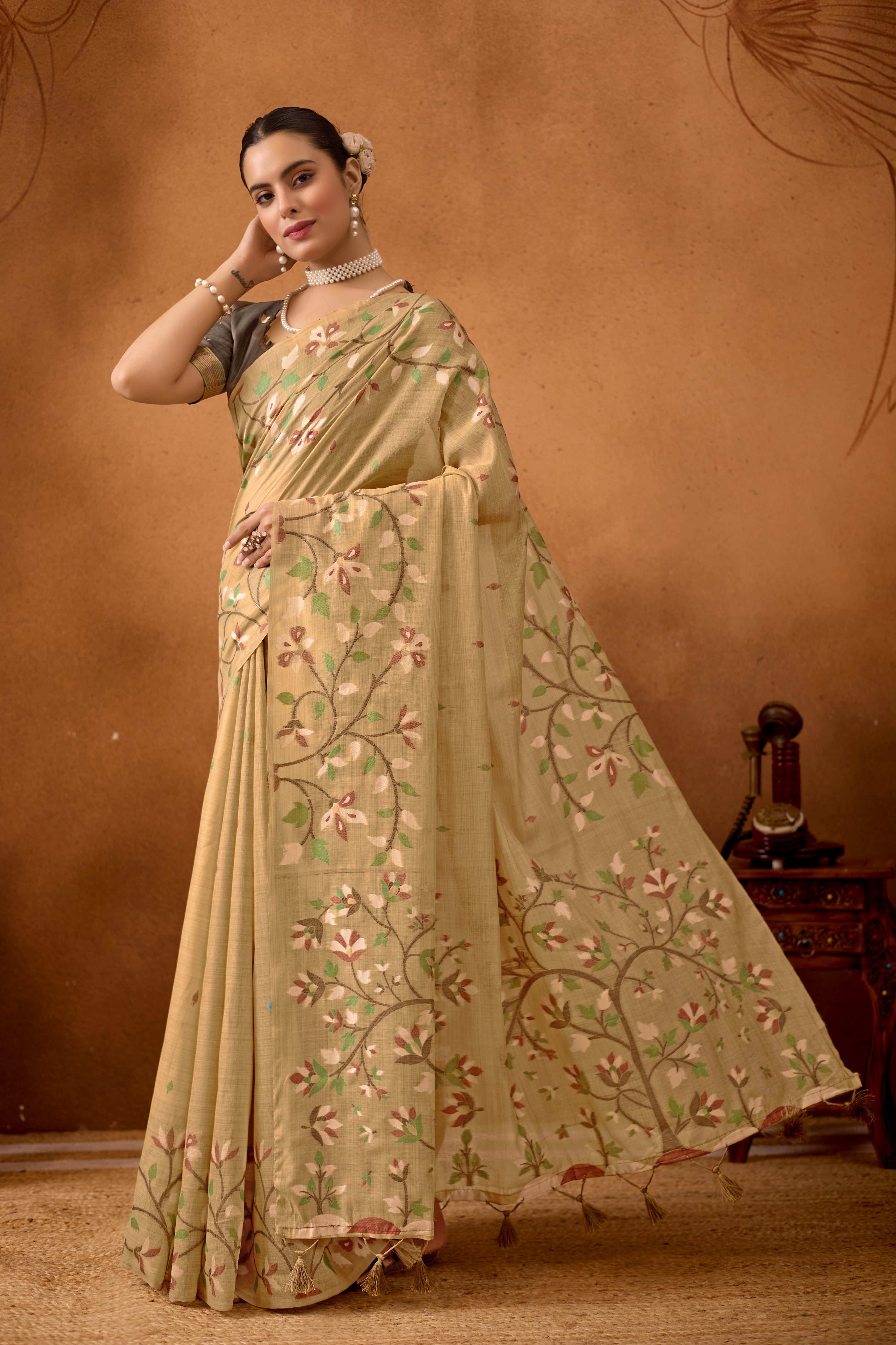 Woven Floral Design Muga Cotton Saree in Beige