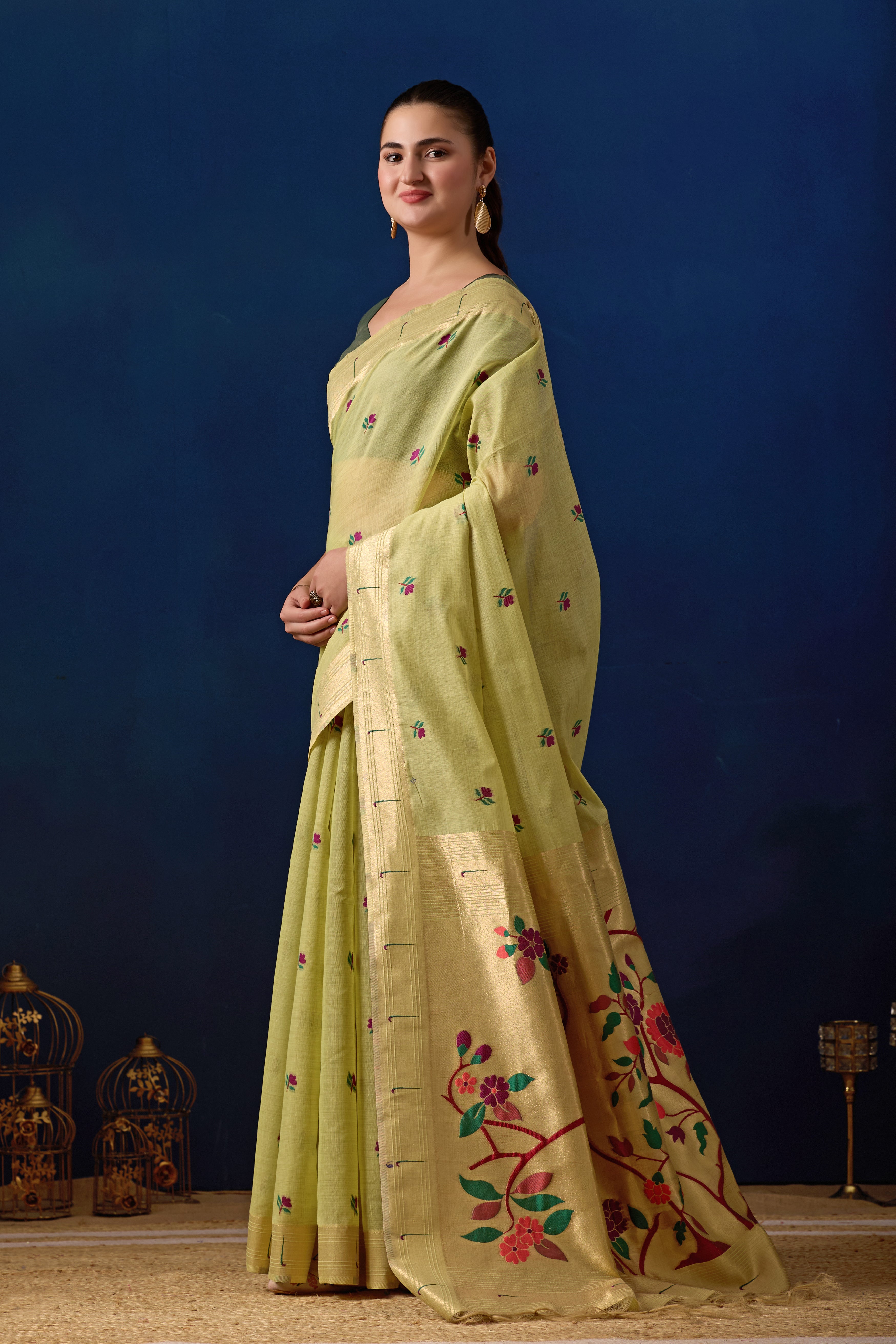 Classic Tree Pallu Paithani Silk Saree in Green with Dark Green Contrast