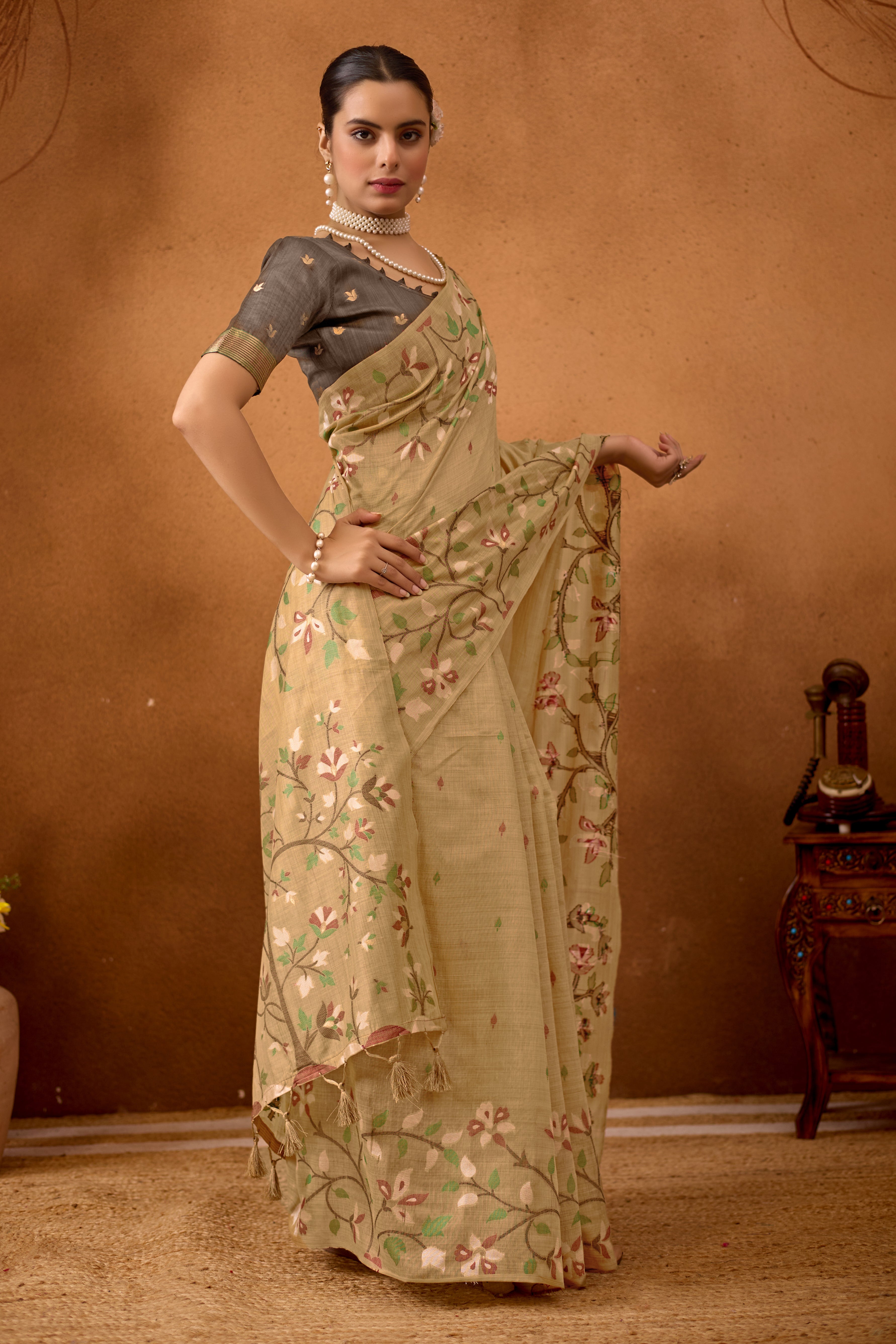 Woven Floral Design Muga Cotton Saree in Beige