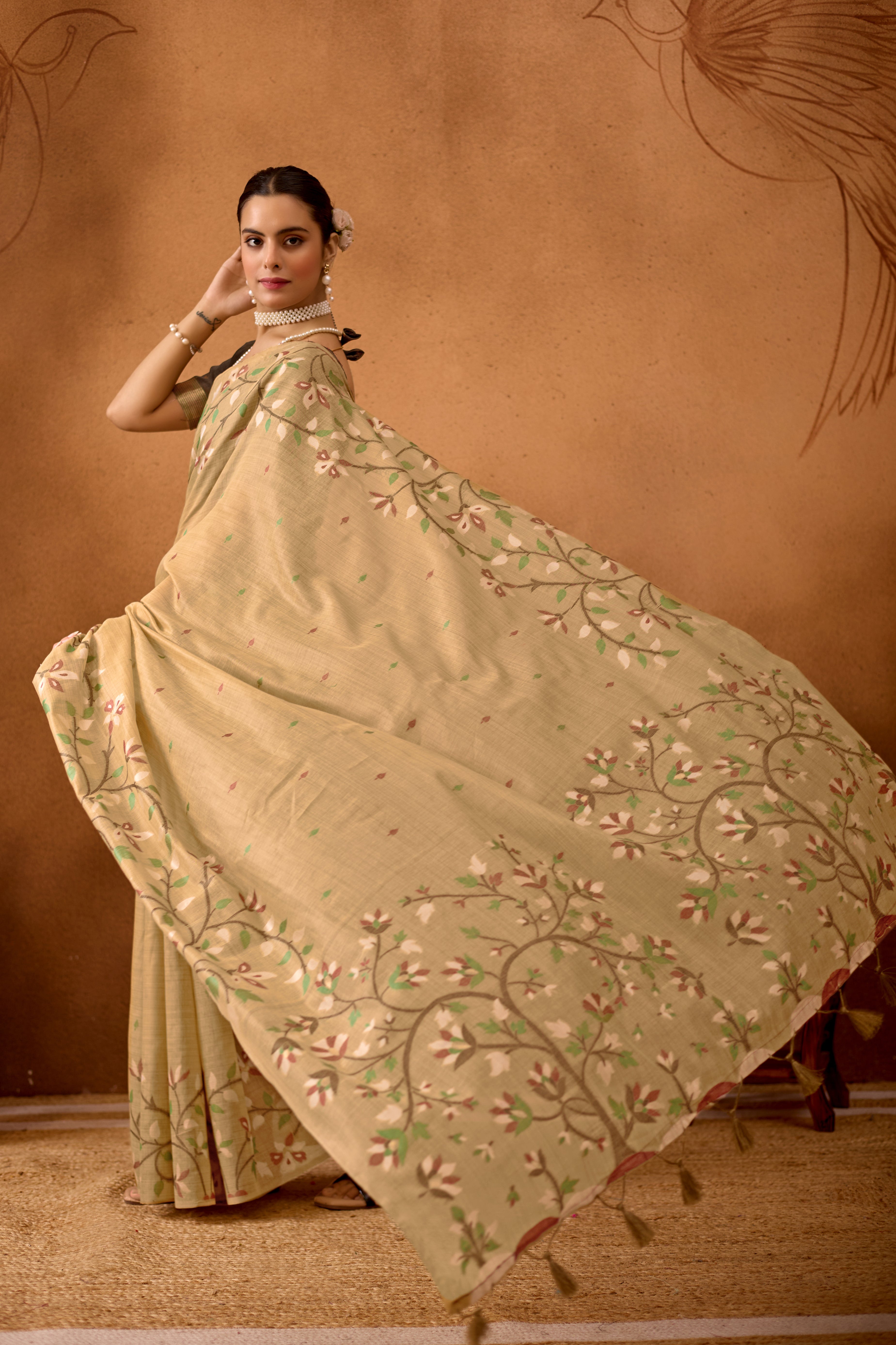 Woven Floral Design Muga Cotton Saree in Beige