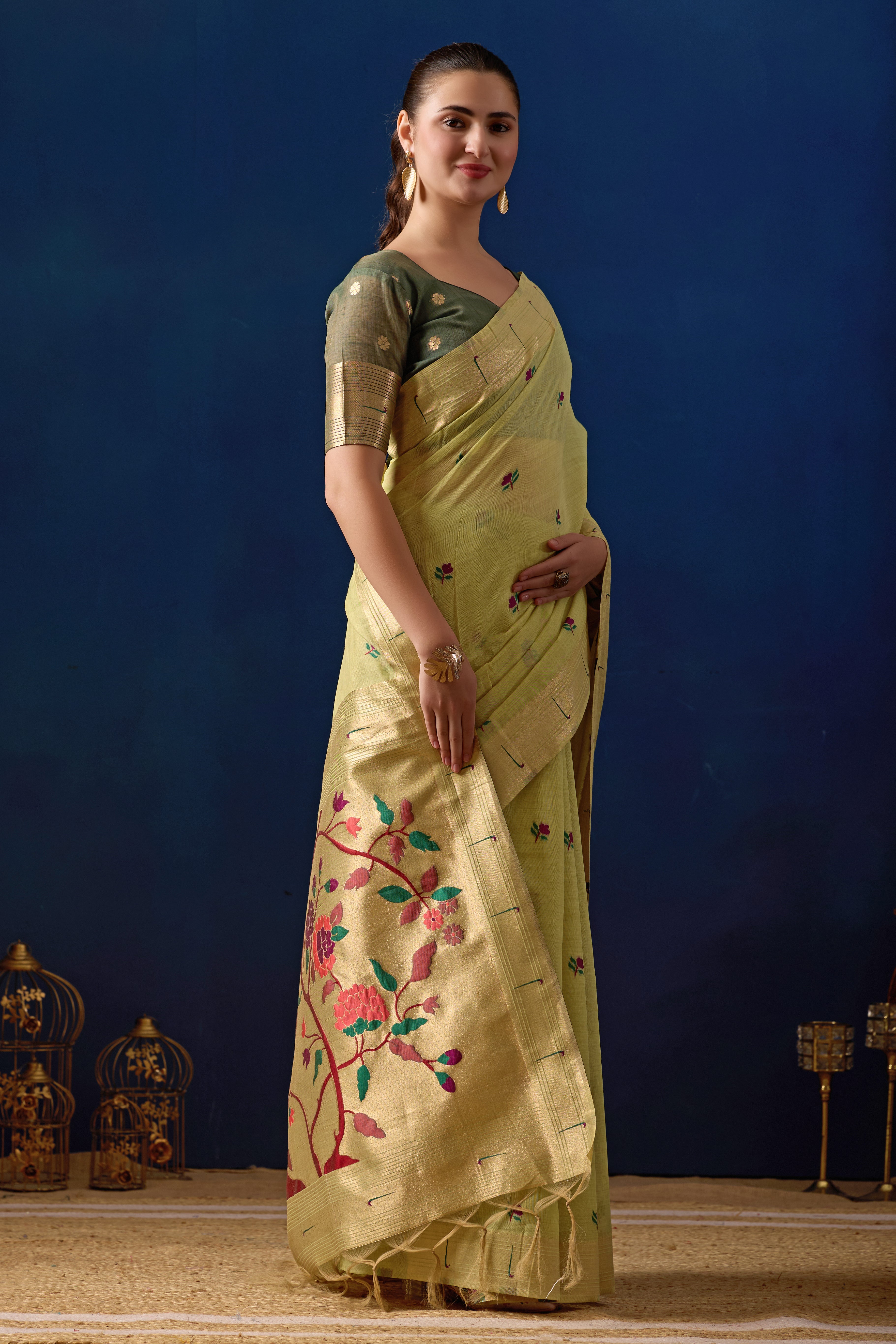 Classic Tree Pallu Paithani Silk Saree in Green with Dark Green Contrast
