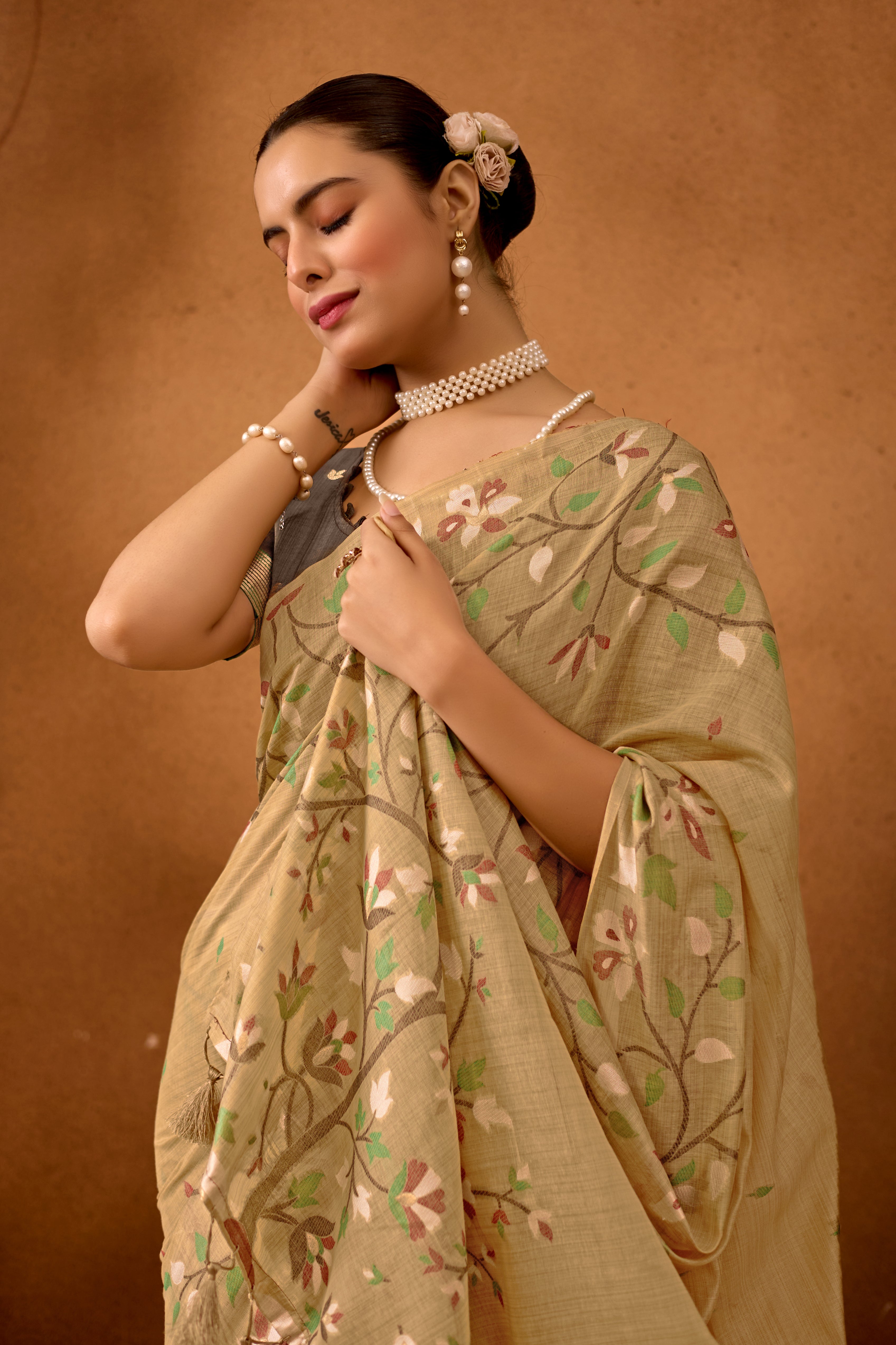 Woven Floral Design Muga Cotton Saree in Beige