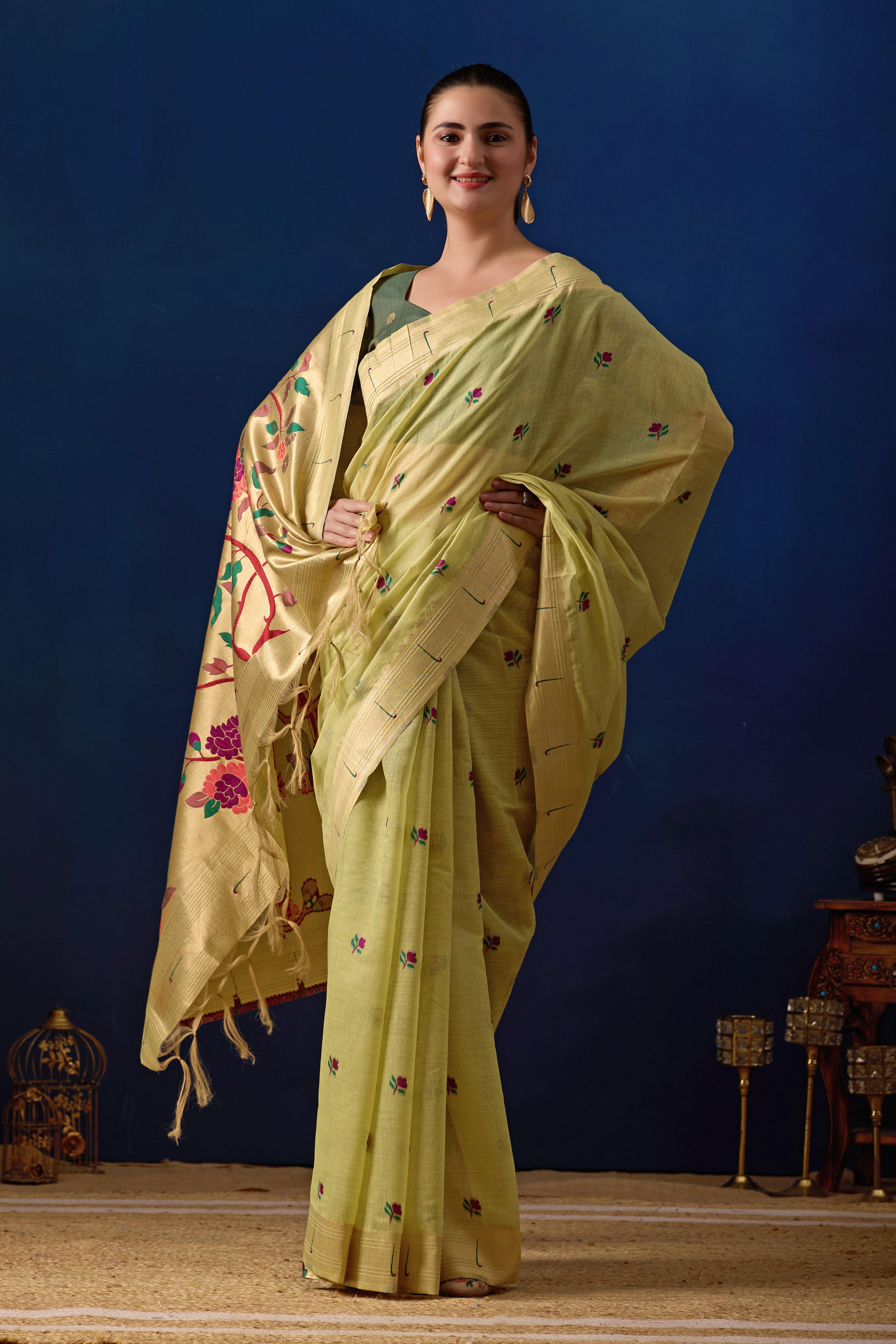 Classic Tree Pallu Paithani Silk Saree in Green with Dark Green Contrast