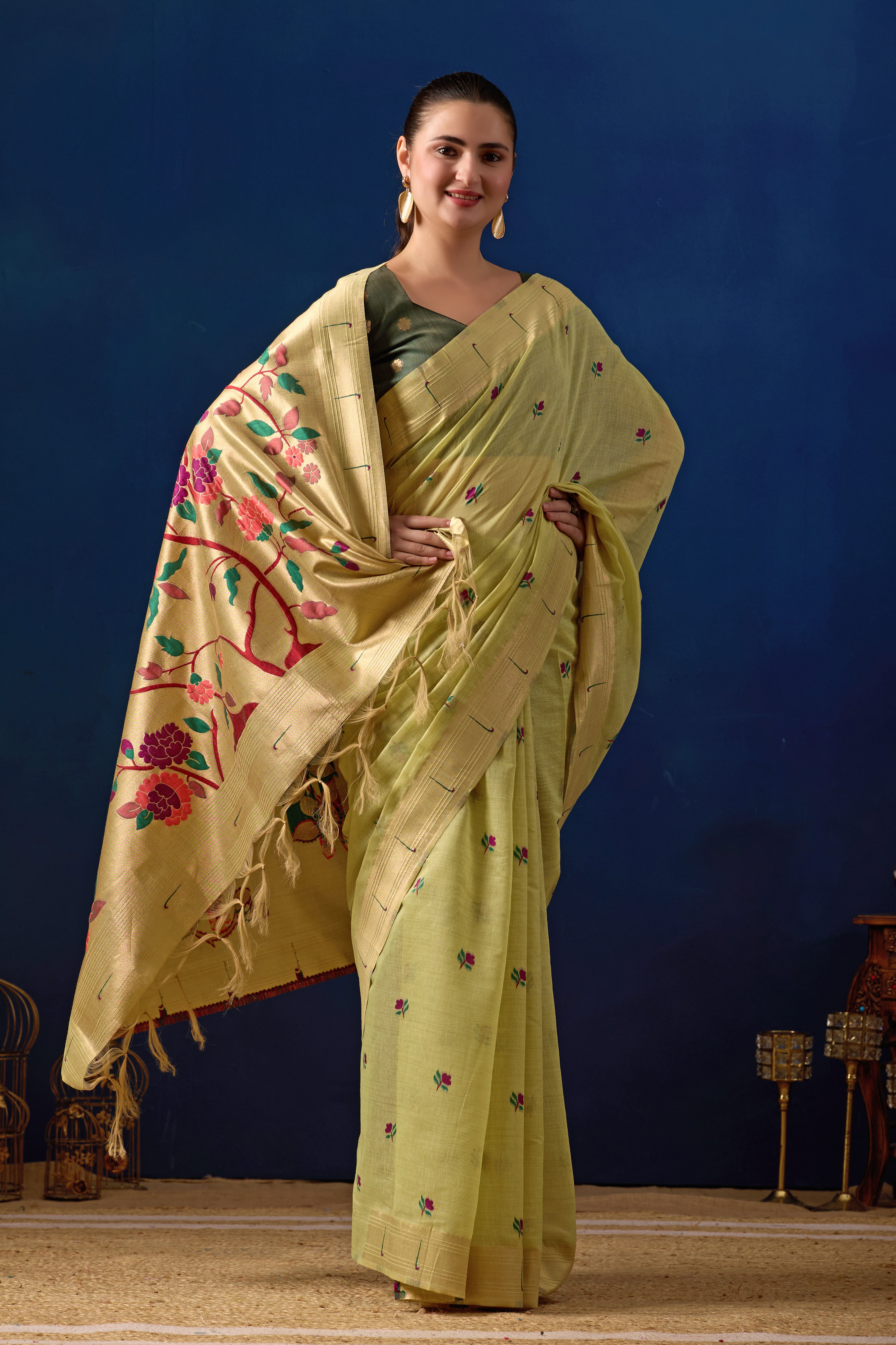Classic Tree Pallu Paithani Silk Saree in Green with Dark Green Contrast