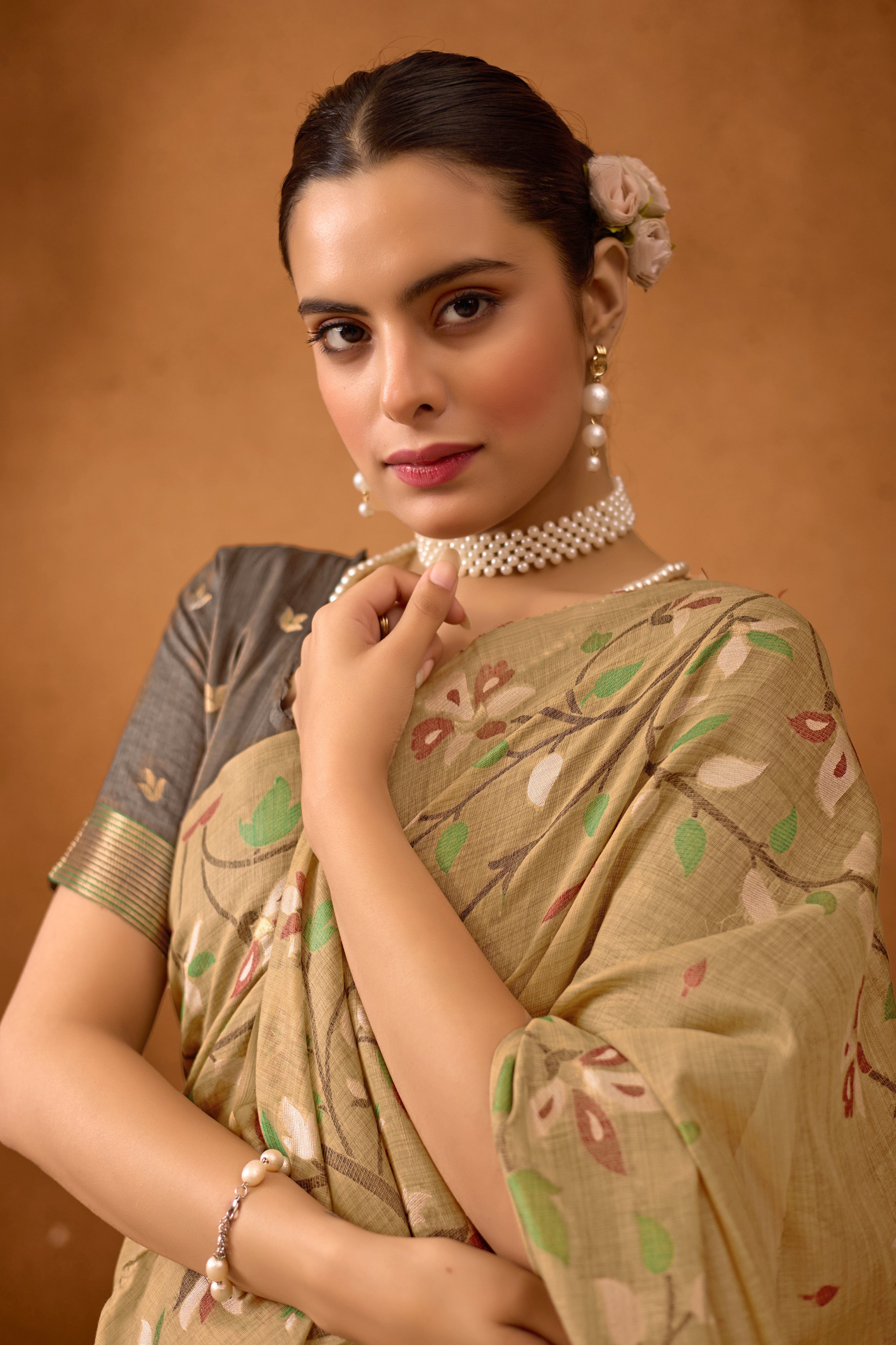 Woven Floral Design Muga Cotton Saree in Beige