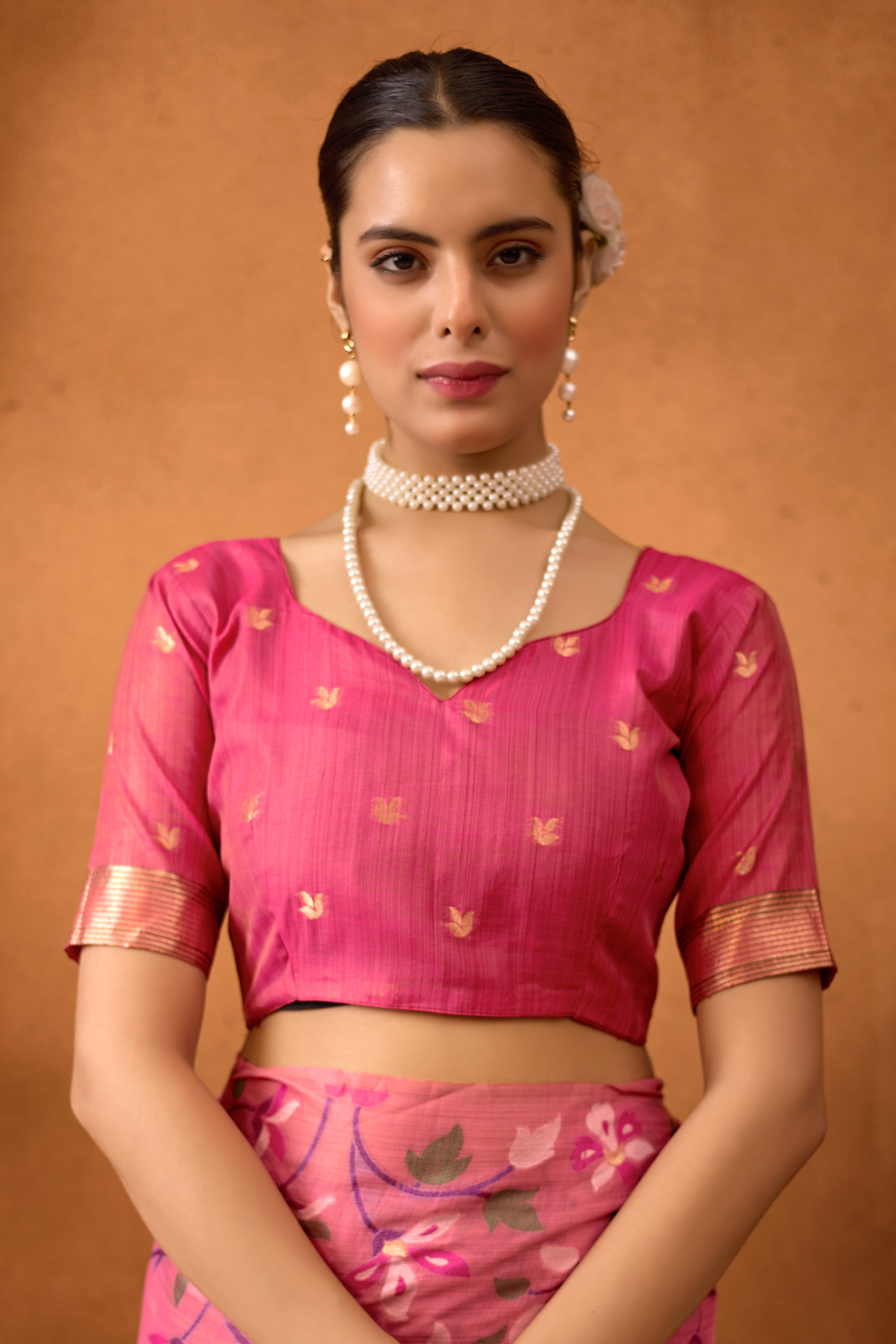 Woven Floral Design Muga Cotton Saree in Pink
