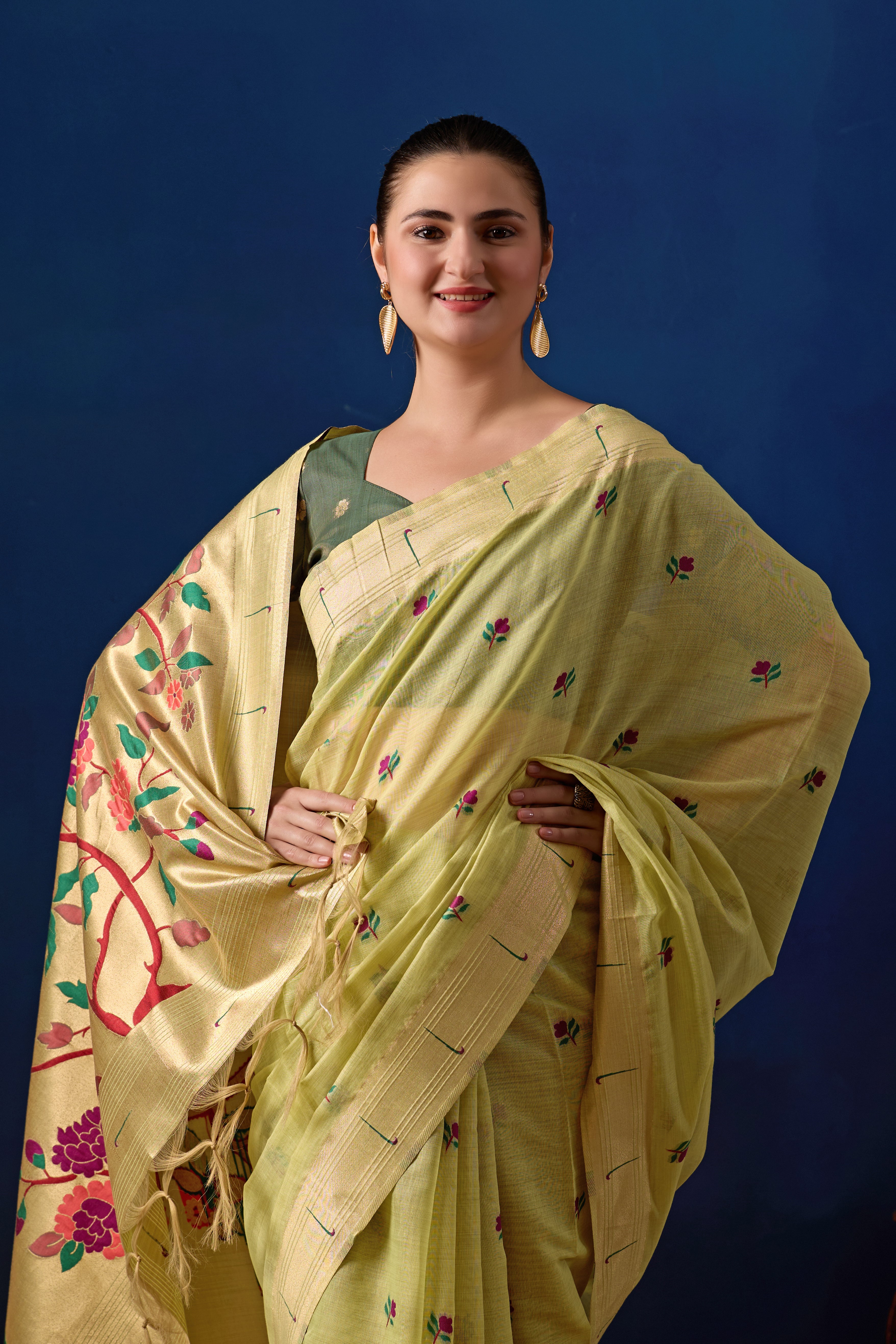 Classic Tree Pallu Paithani Silk Saree in Green with Dark Green Contrast