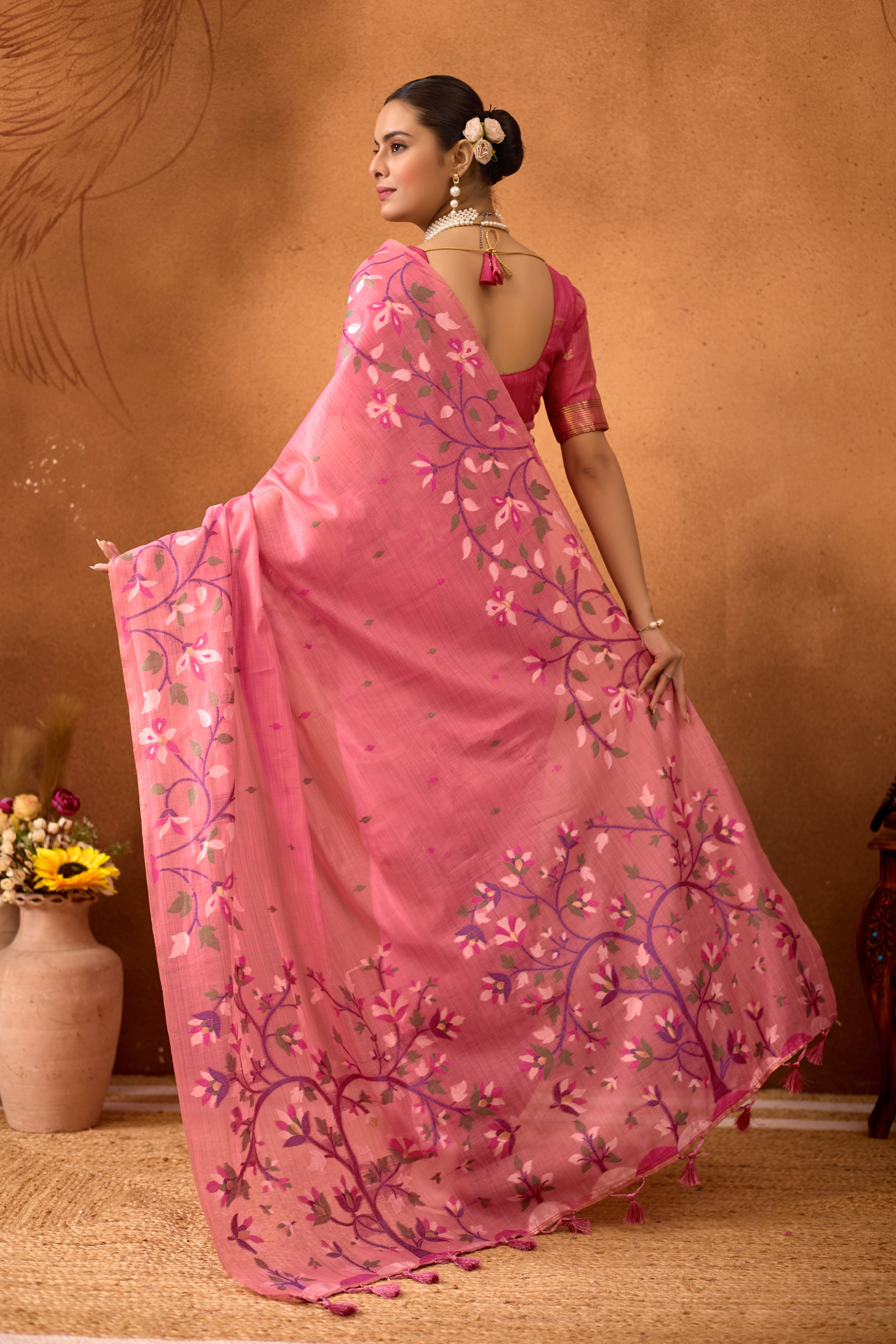 Woven Floral Design Muga Cotton Saree in Pink