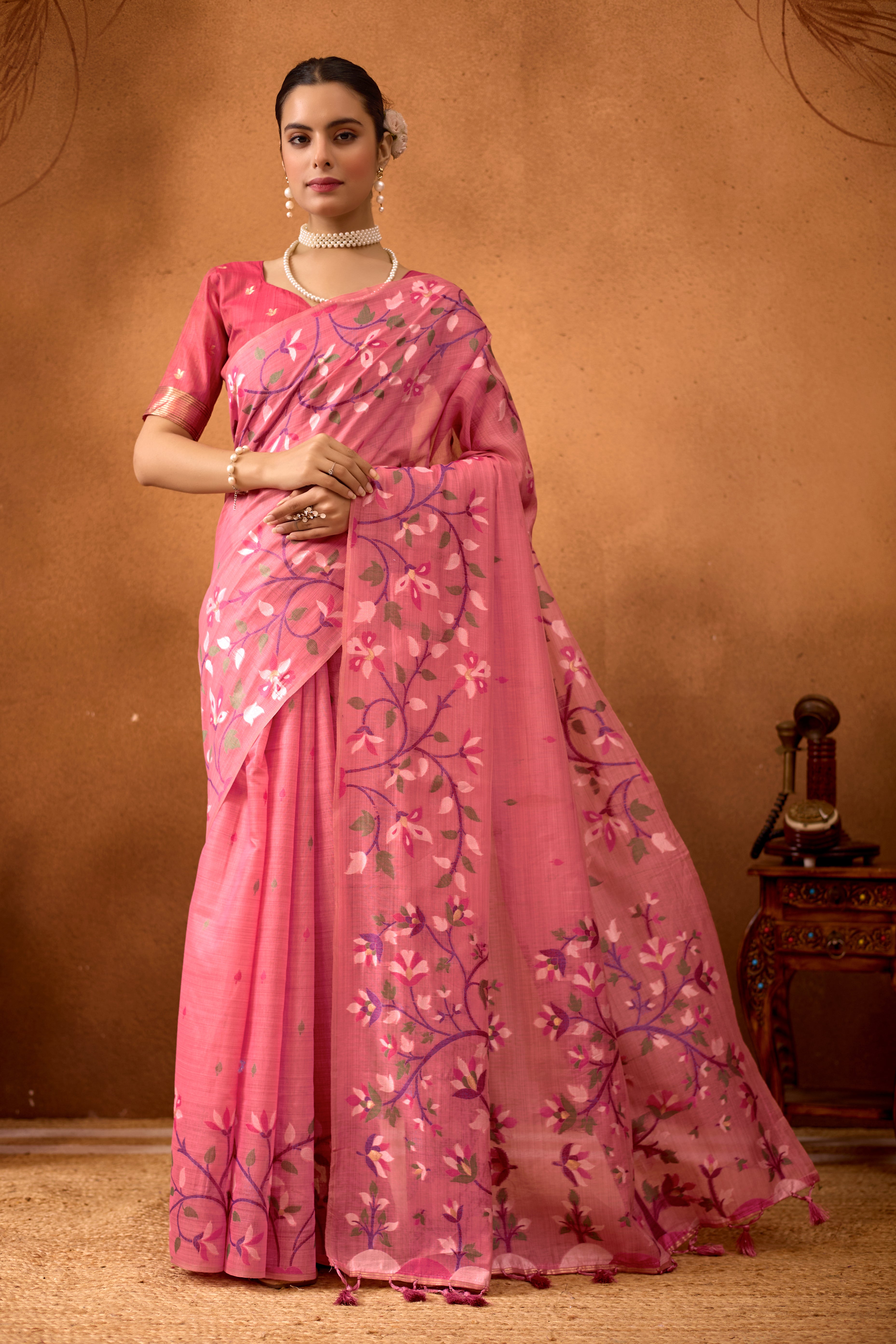 Woven Floral Design Muga Cotton Saree in Pink