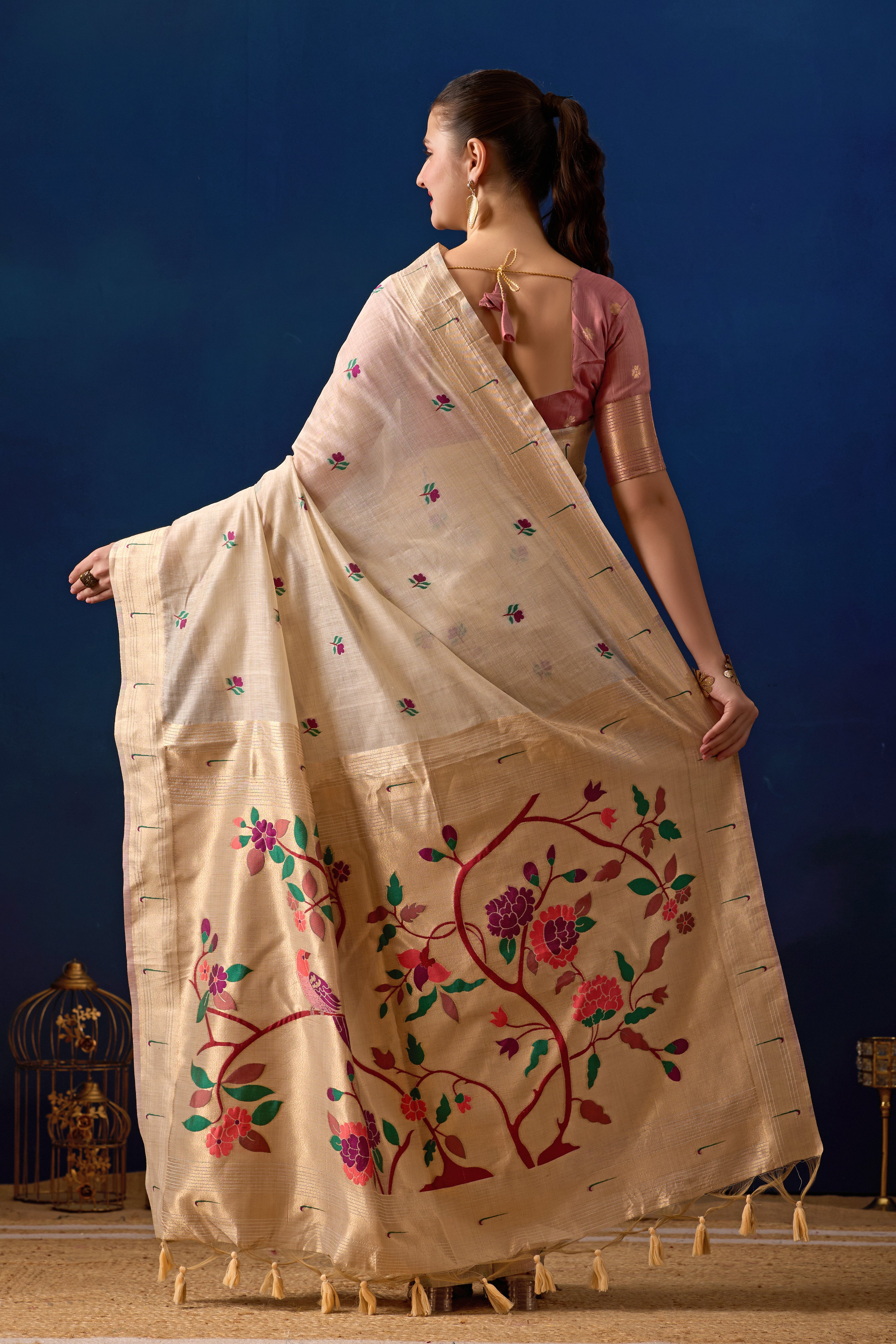 Classic Tree Pallu Paithani Silk Saree in Cream with Light Pink Contrast